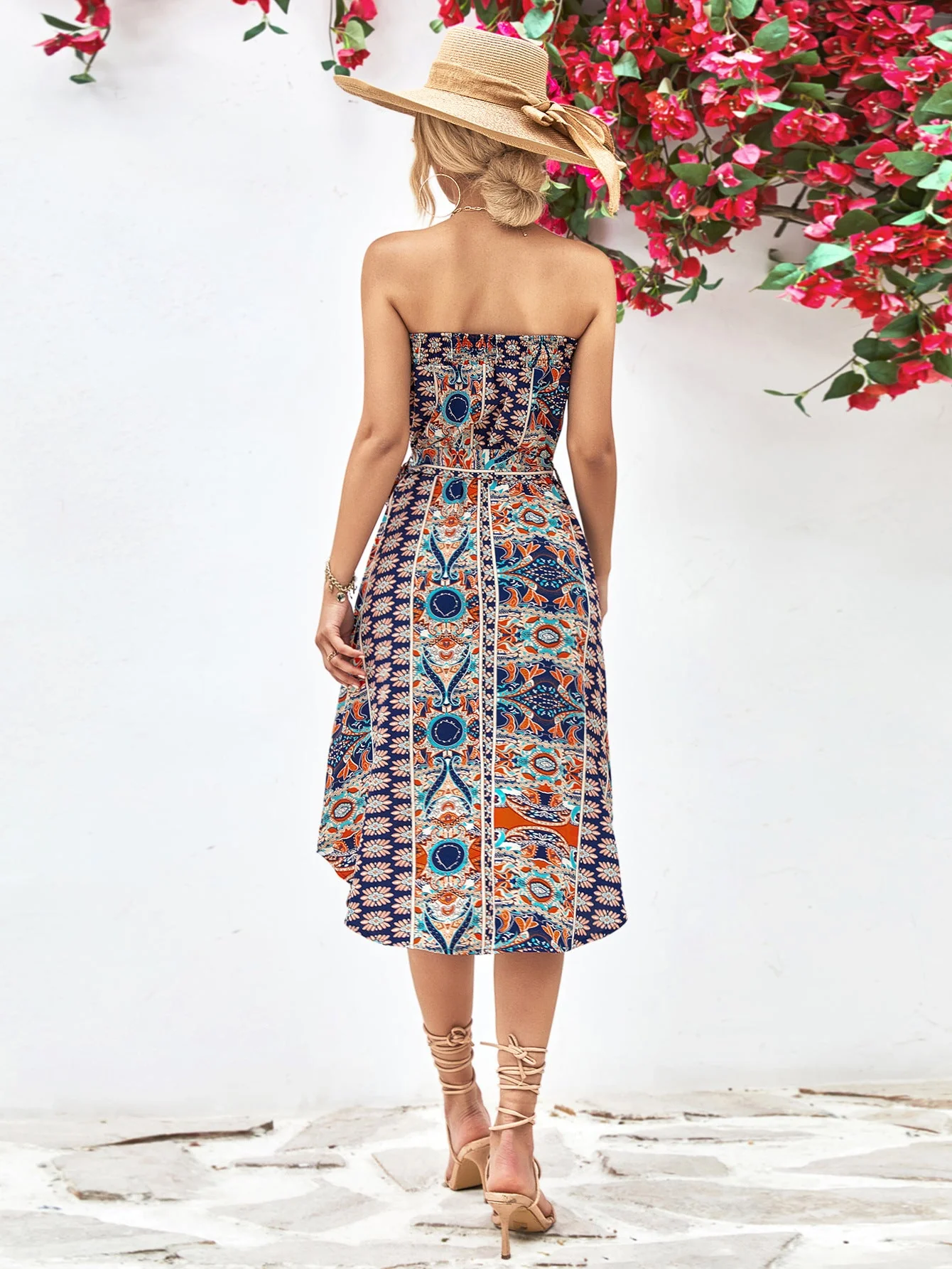 Printed Strapless Tie Belt Dress - Image 18