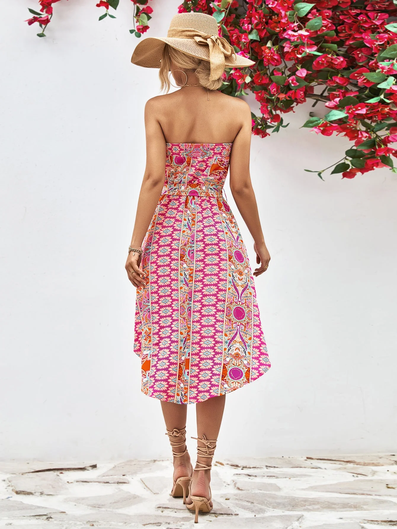 Printed Strapless Tie Belt Dress - Image 2