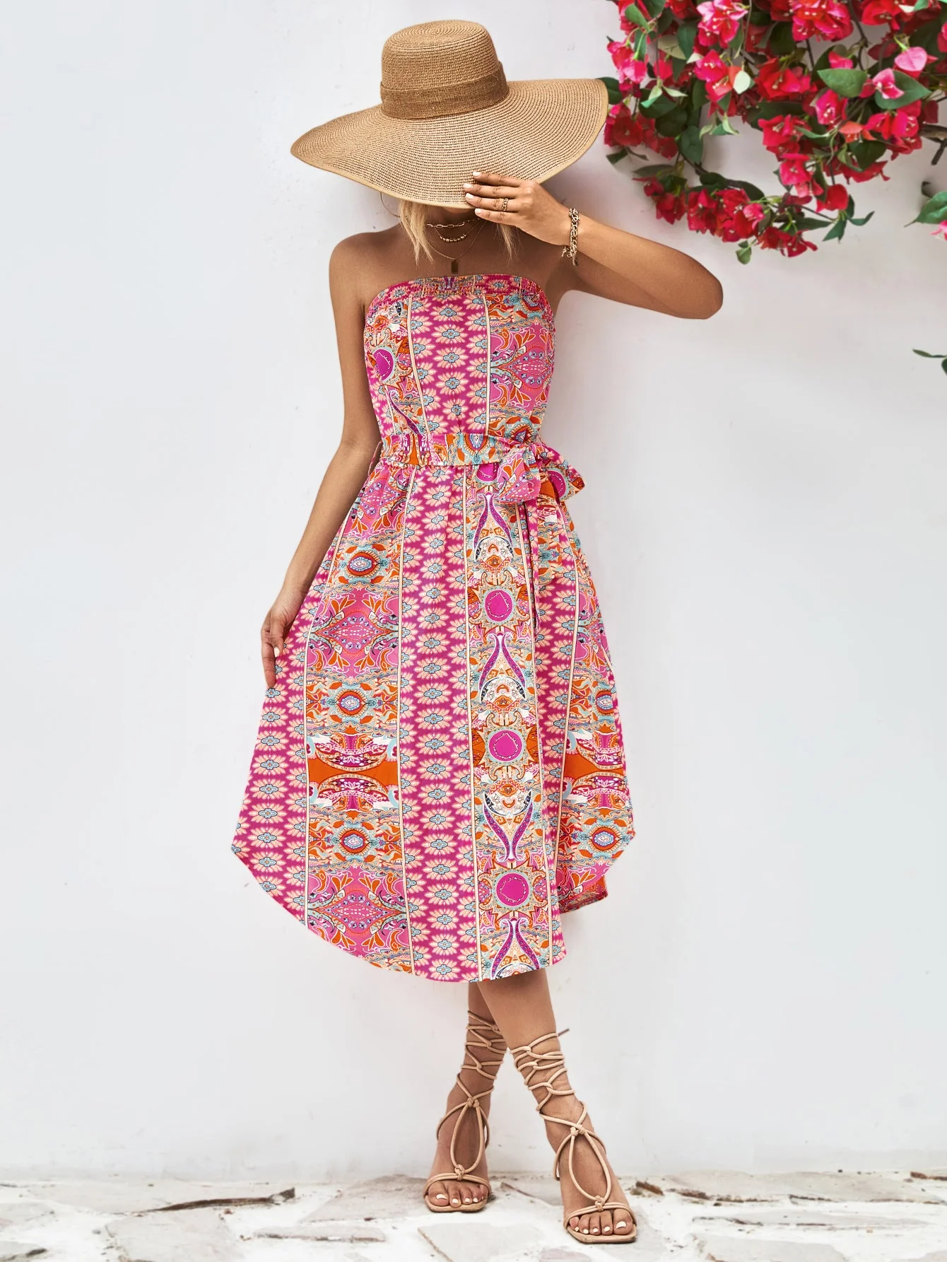 Printed Strapless Tie Belt Dress - Image 3