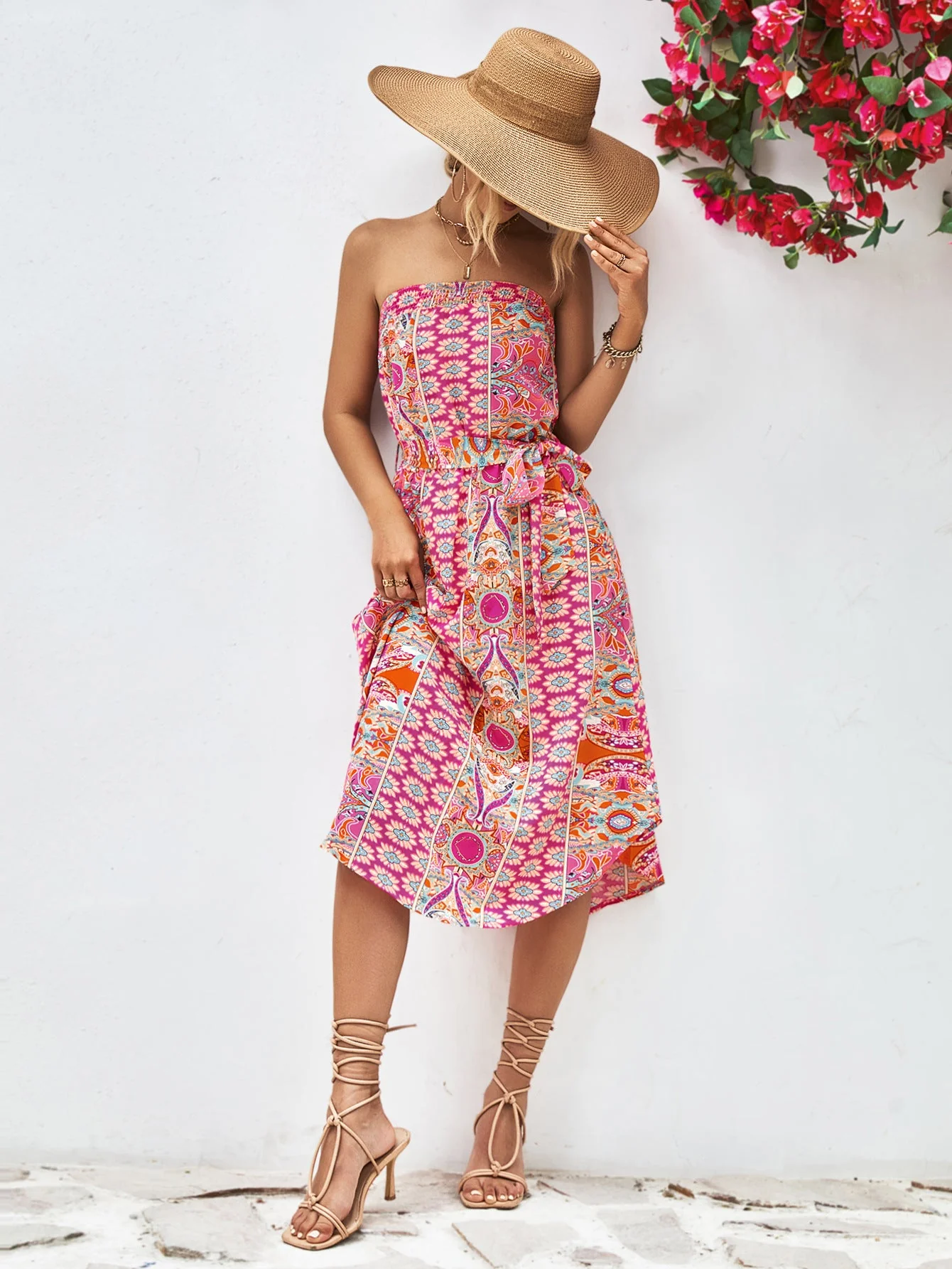 Printed Strapless Tie Belt Dress - Image 4