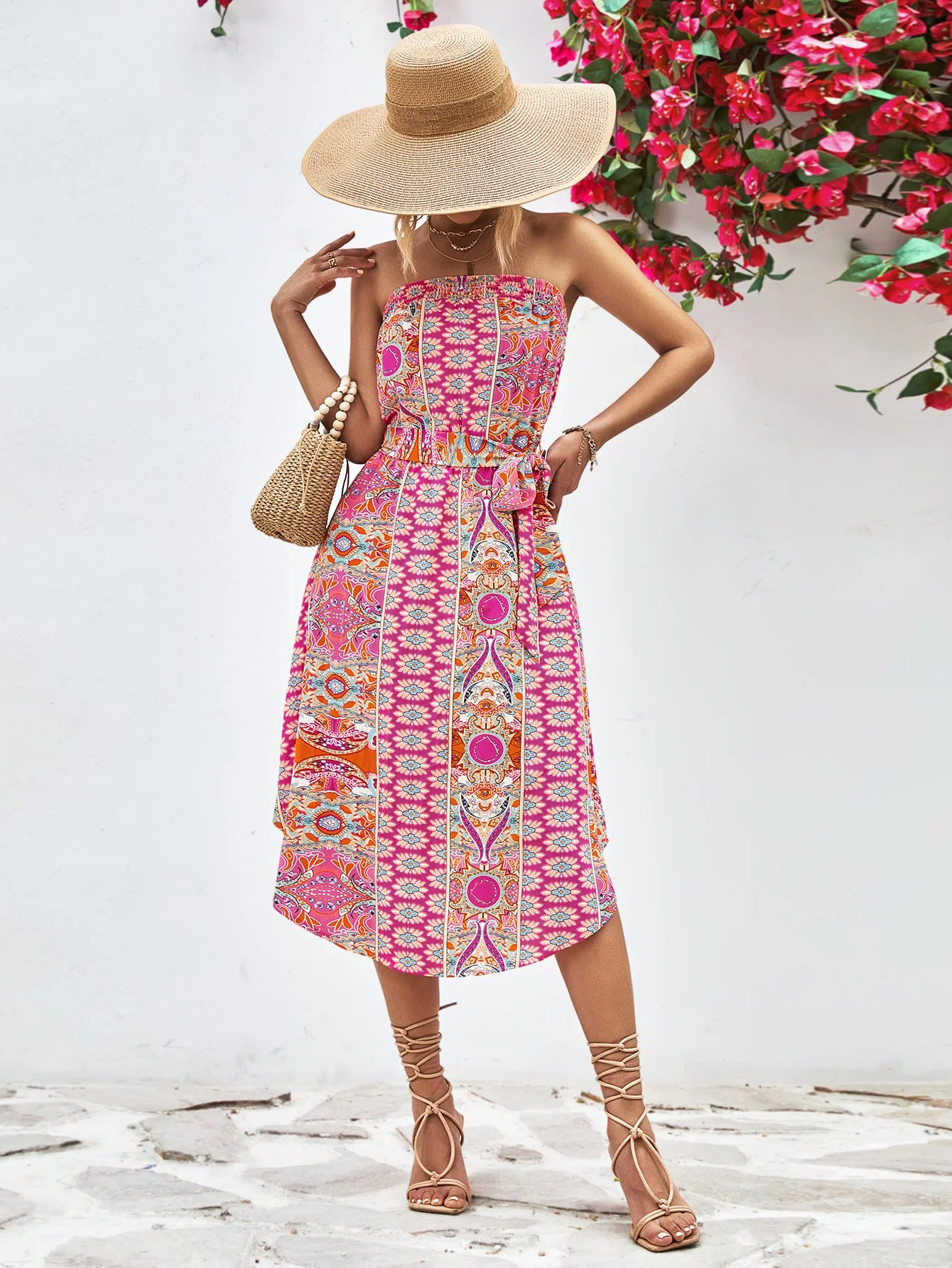 Printed Strapless Tie Belt Dress - Image 5