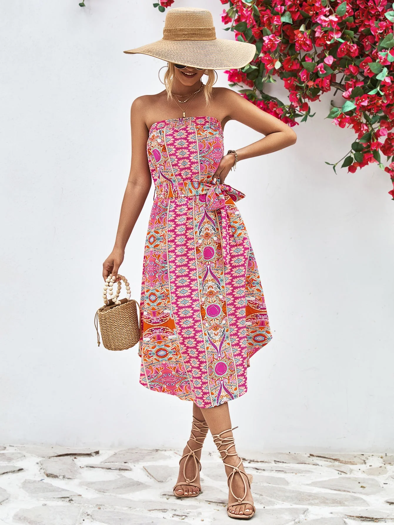 Printed Strapless Tie Belt Dress - Image 6