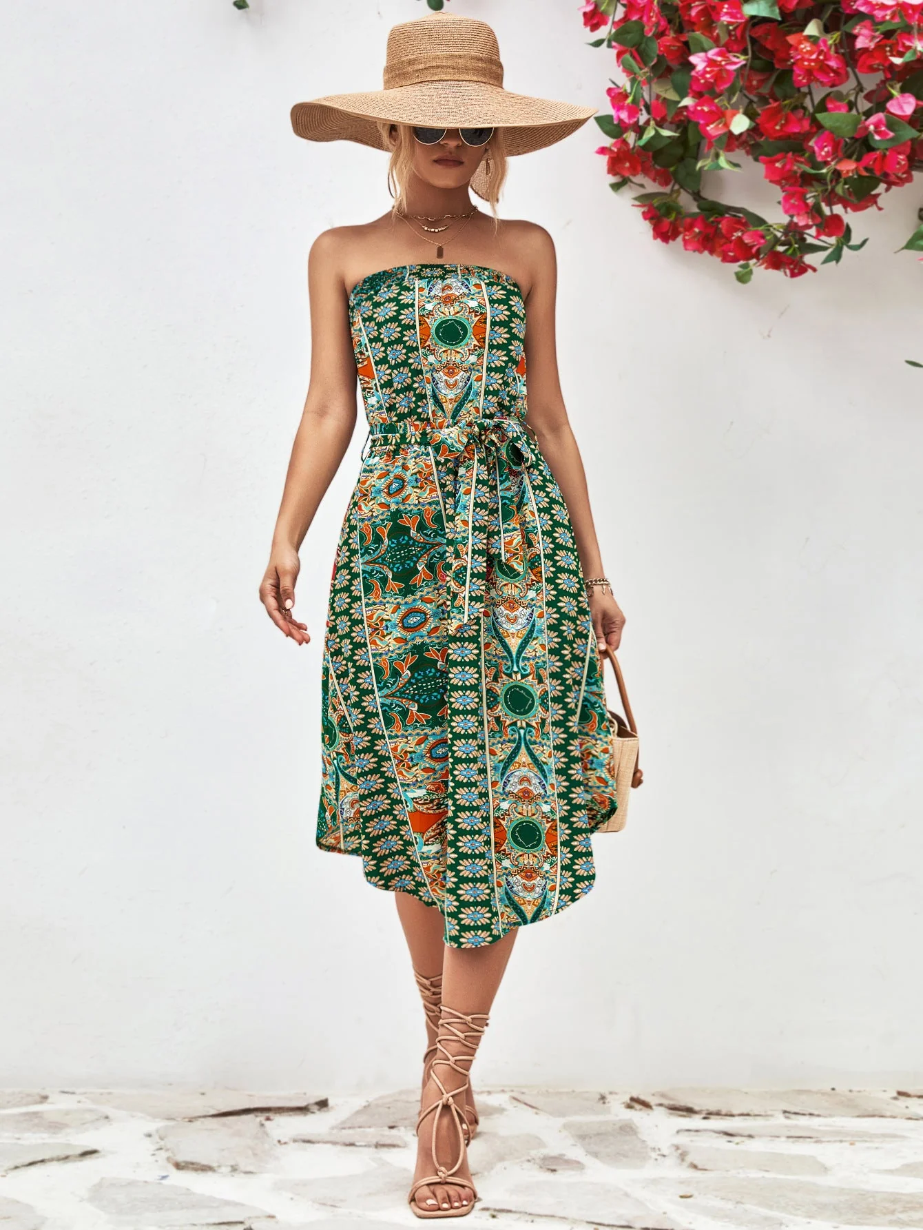 Printed Strapless Tie Belt Dress - Image 7