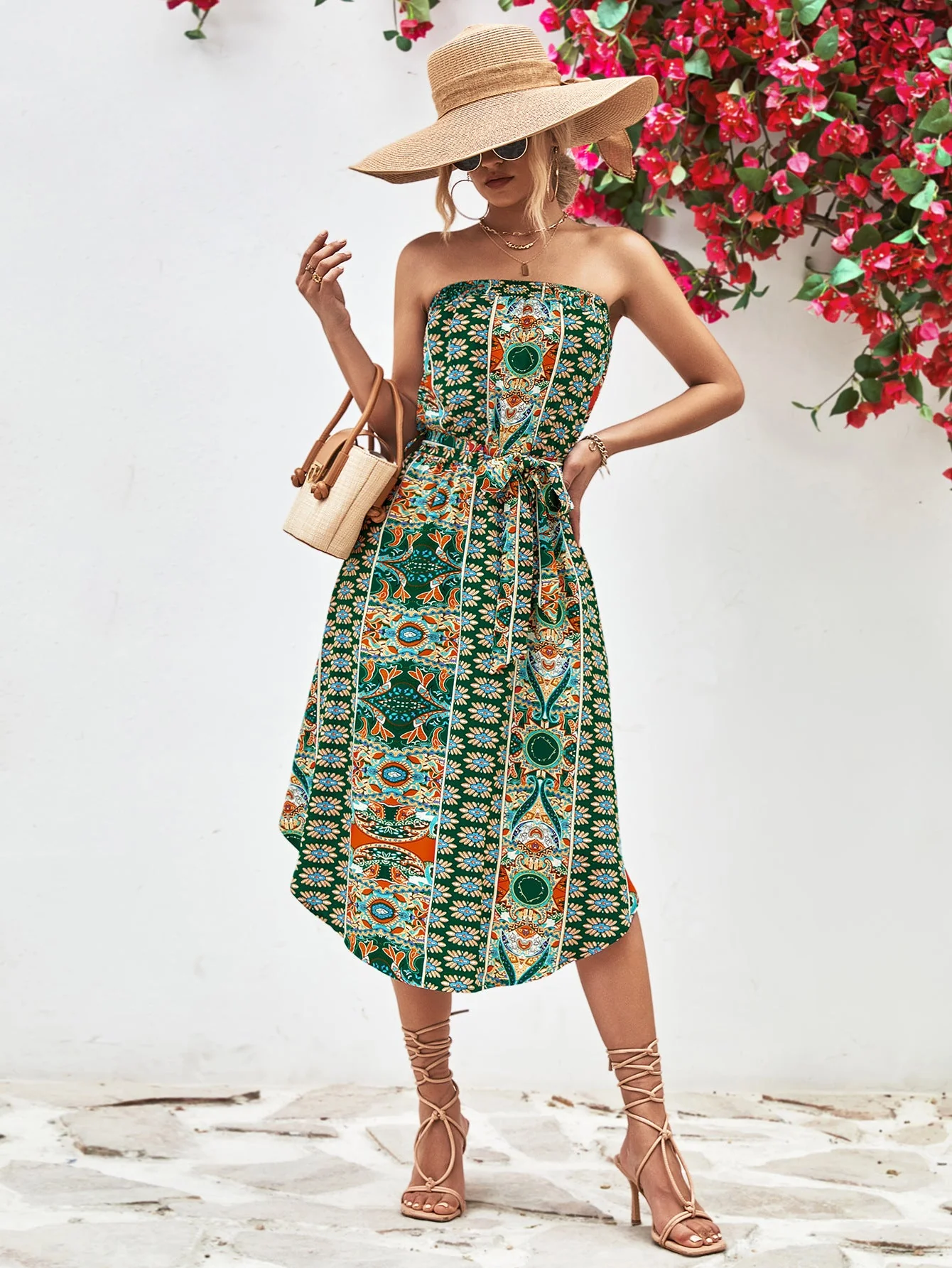 Printed Strapless Tie Belt Dress - Image 8