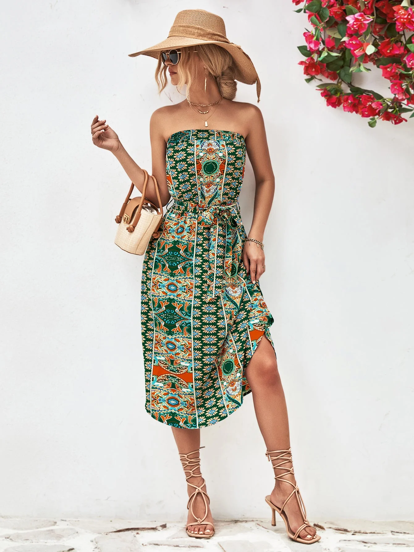 Printed Strapless Tie Belt Dress - Image 9