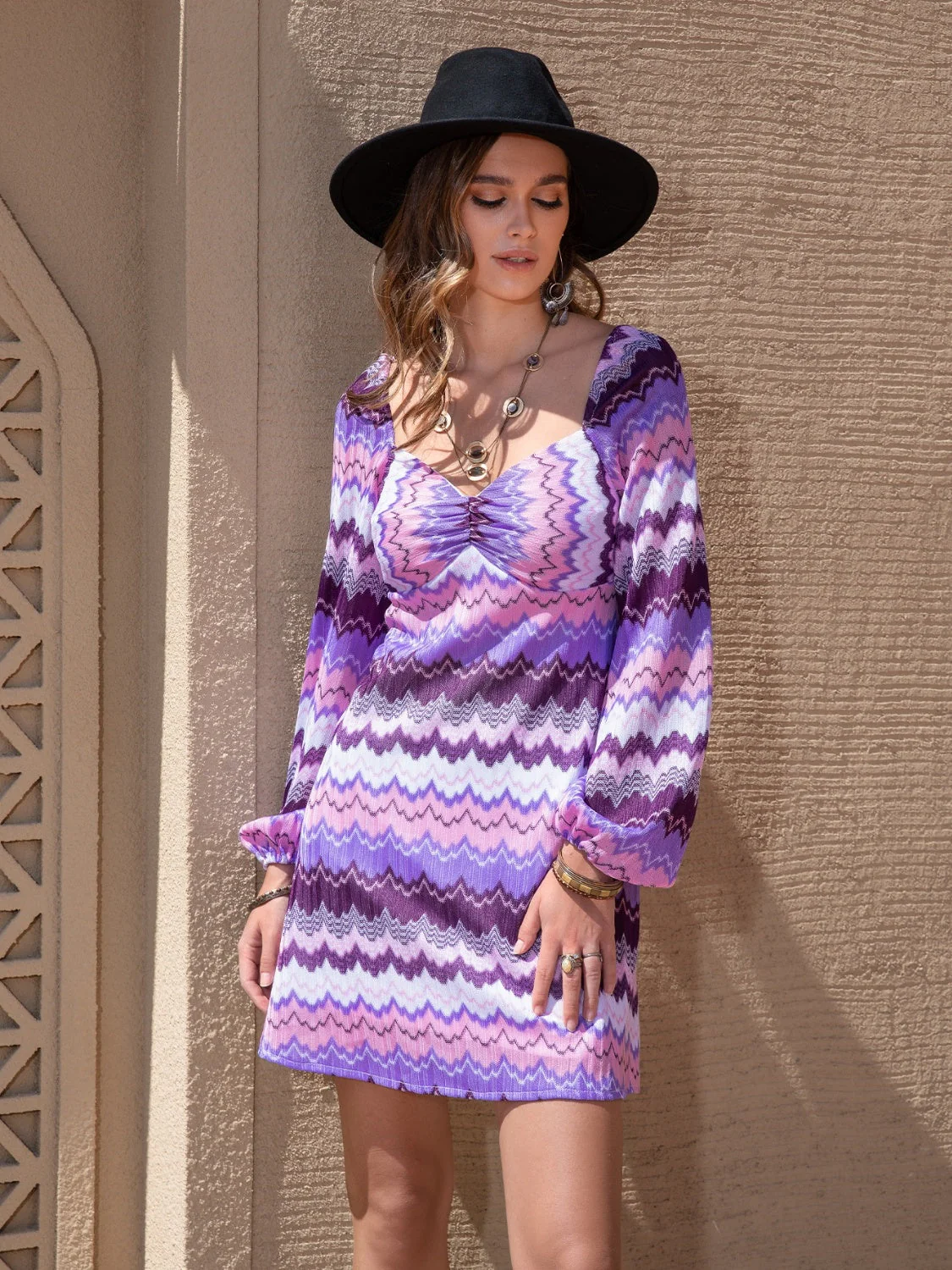Printed Sweetheart Neck Balloon Sleeve Dress - Image 4