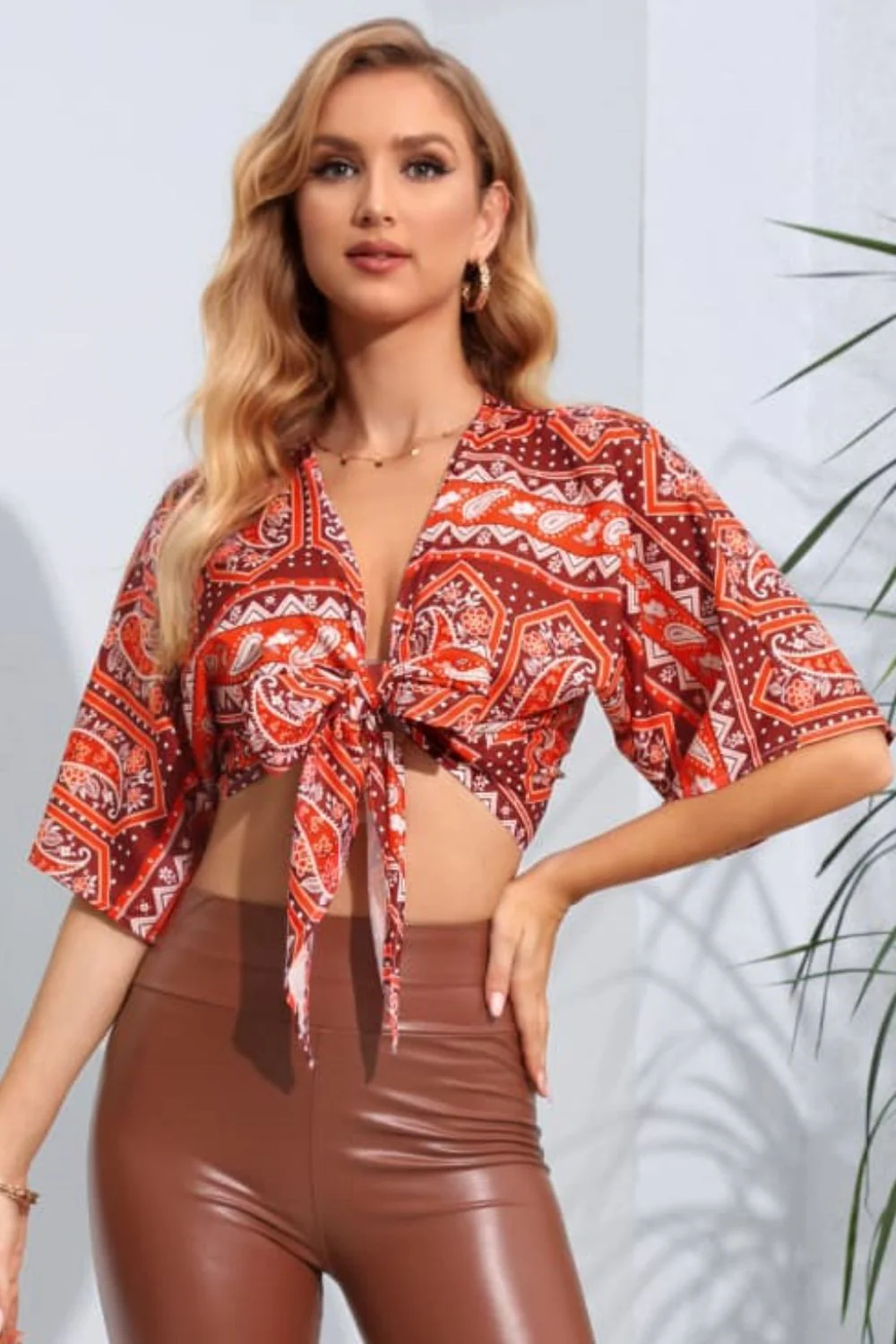 Printed Tie Front Cropped Dolman Sleeve Blouse - Image 2
