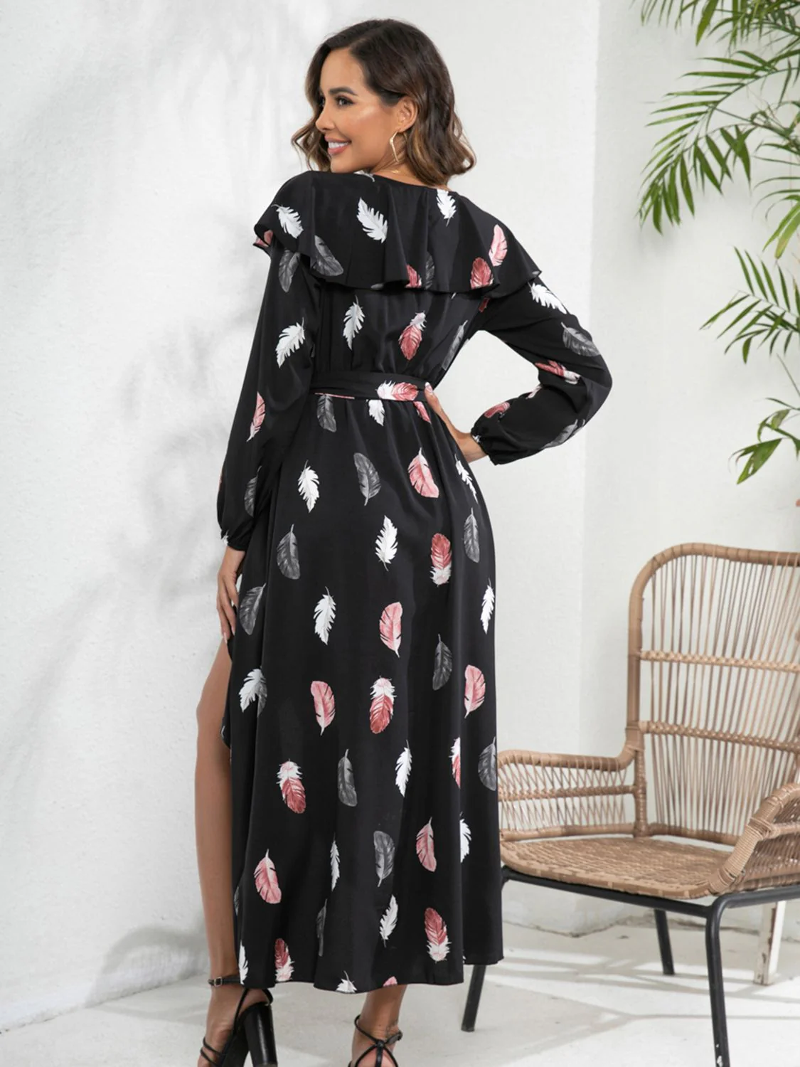 Printed Tie Front Ruffle Trim Long Sleeve Dress - Image 2