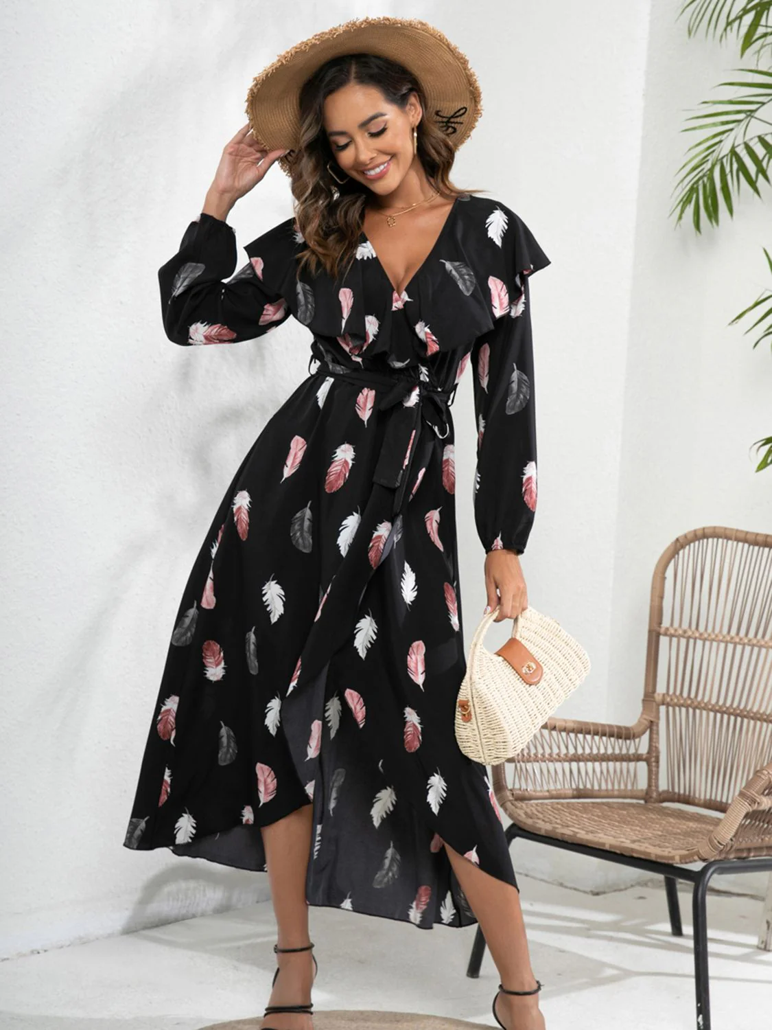 Printed Tie Front Ruffle Trim Long Sleeve Dress - Image 4