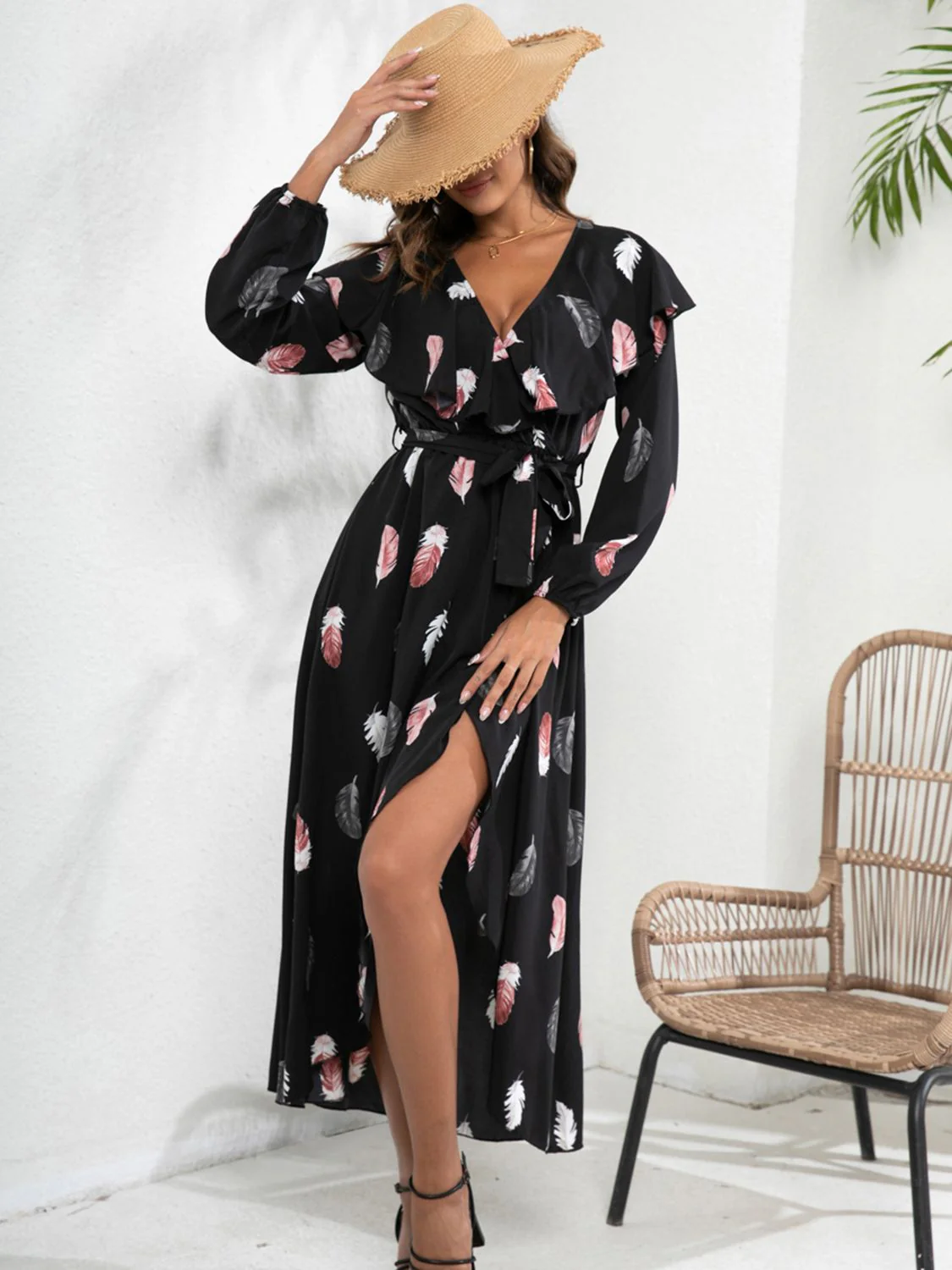 Printed Tie Front Ruffle Trim Long Sleeve Dress - Image 5