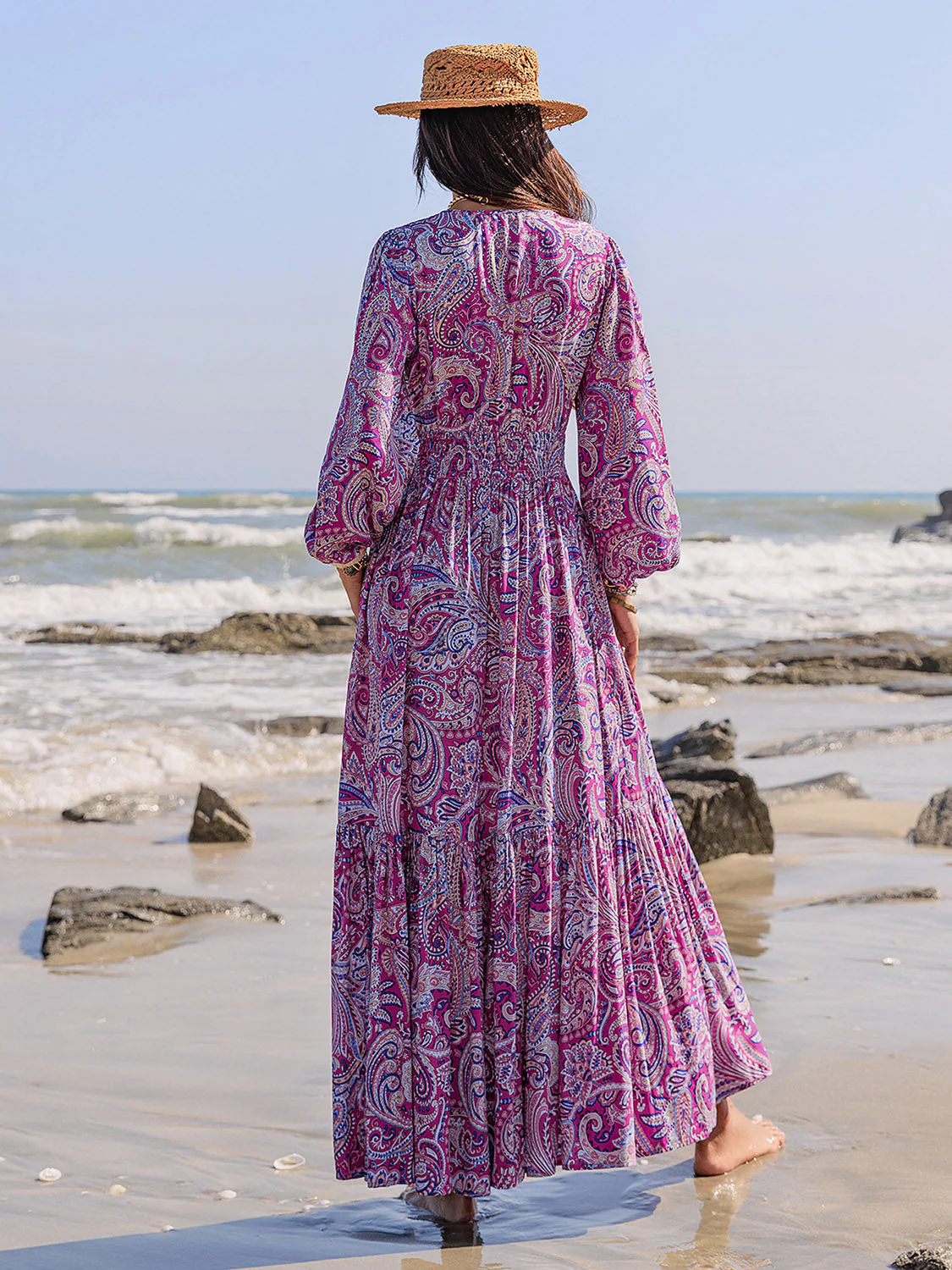 Printed Tie Neck Balloon Sleeve Maxi Dress - Image 2