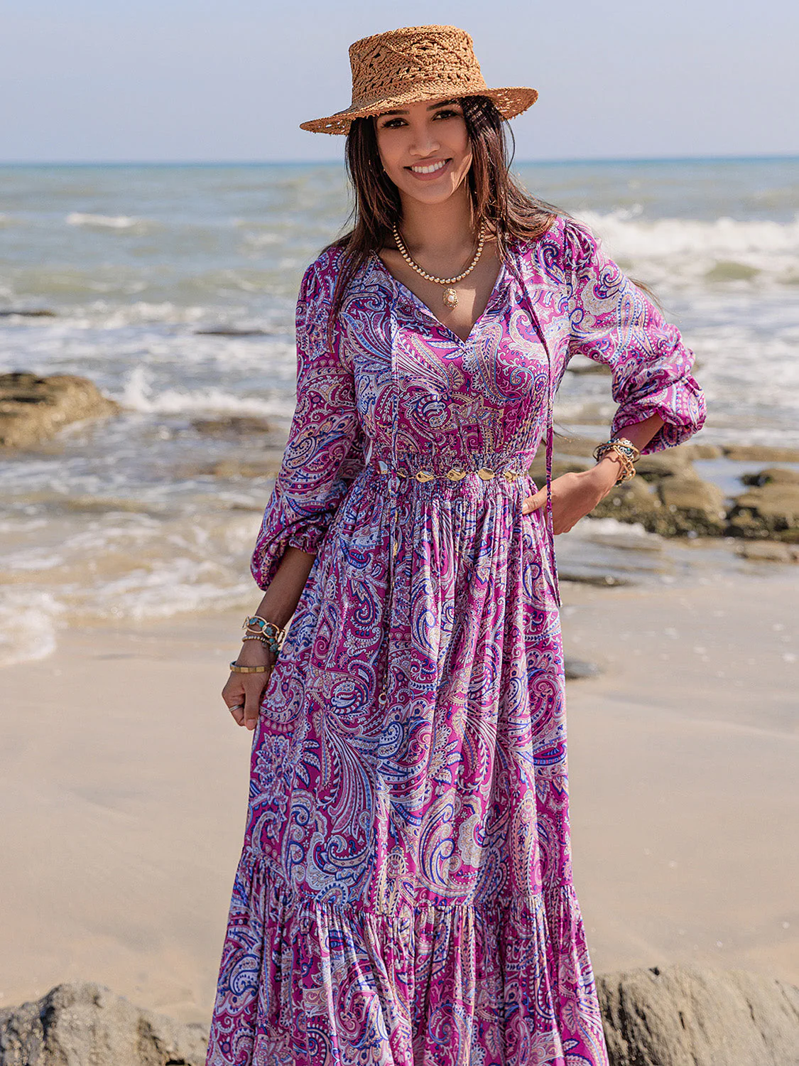 Printed Tie Neck Balloon Sleeve Maxi Dress - Image 3