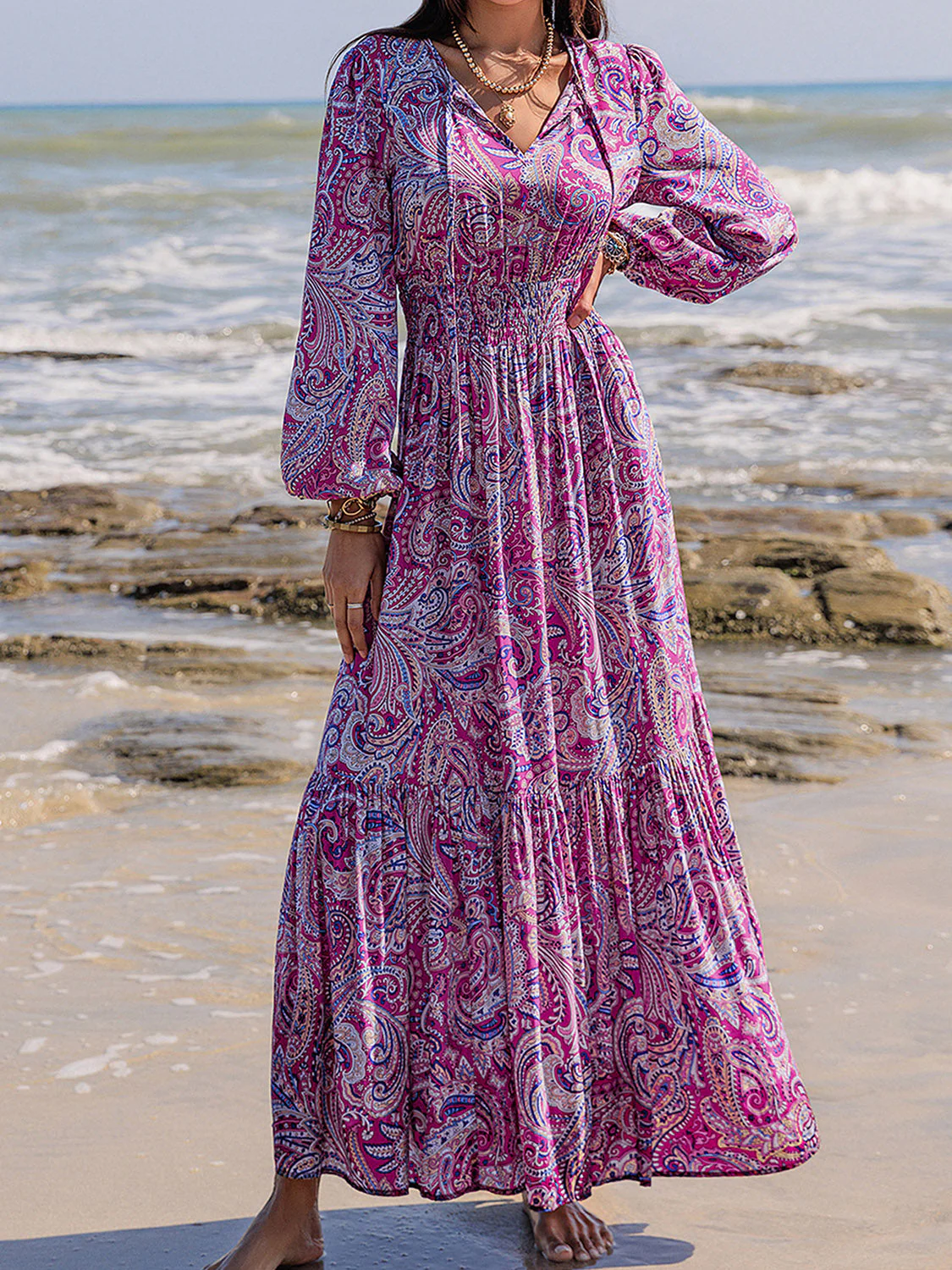 Printed Tie Neck Balloon Sleeve Maxi Dress - Image 4