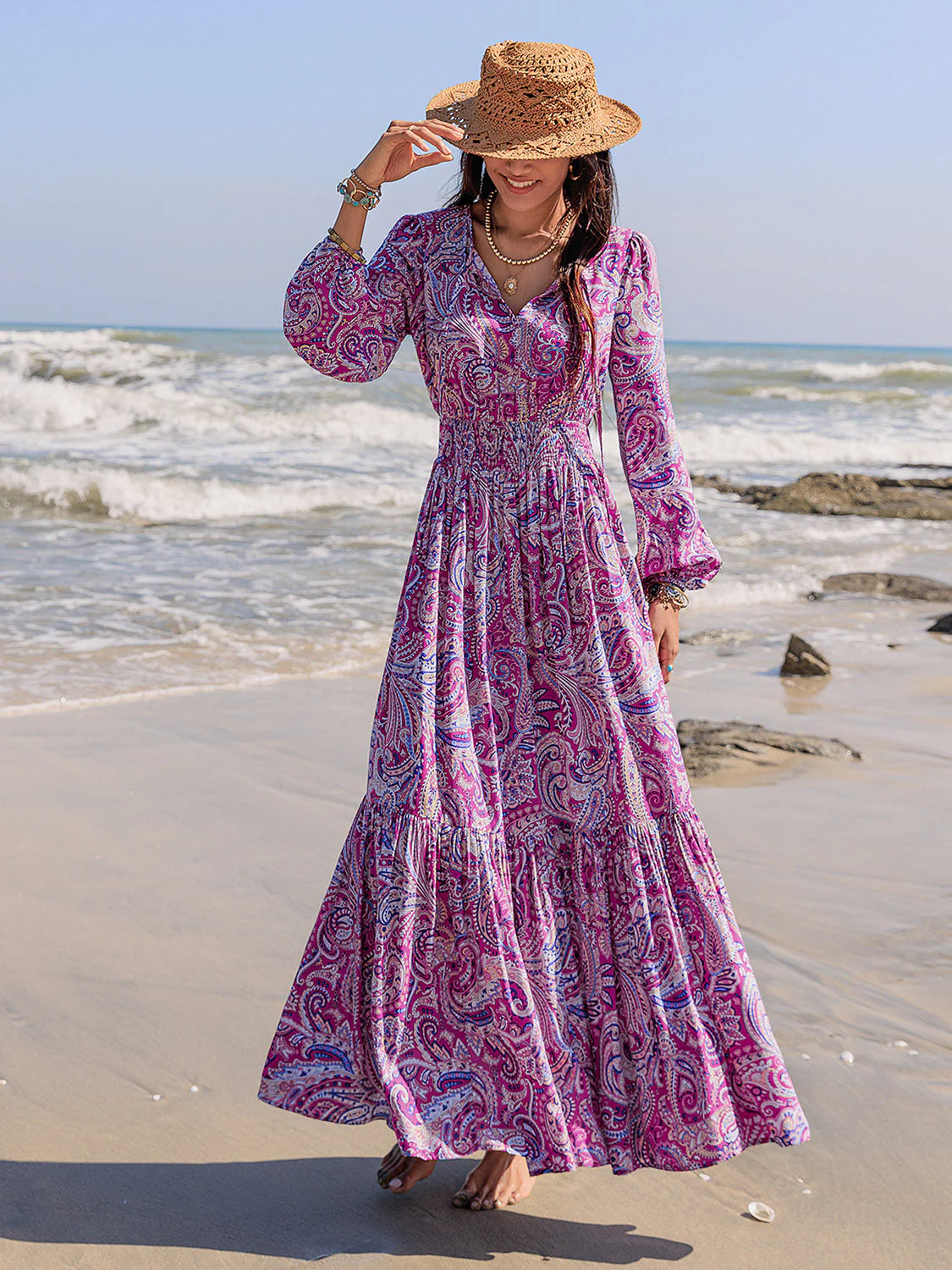 Printed Tie Neck Balloon Sleeve Maxi Dress - Image 5