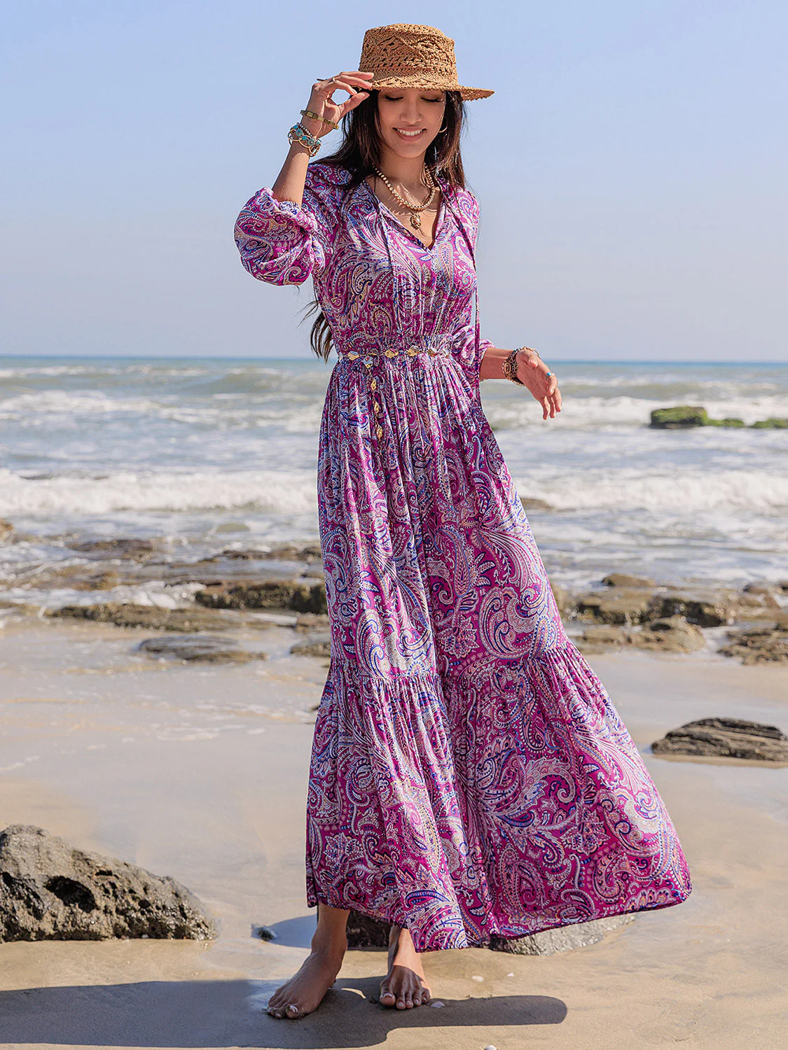 Printed Tie Neck Balloon Sleeve Maxi Dress - Image 6