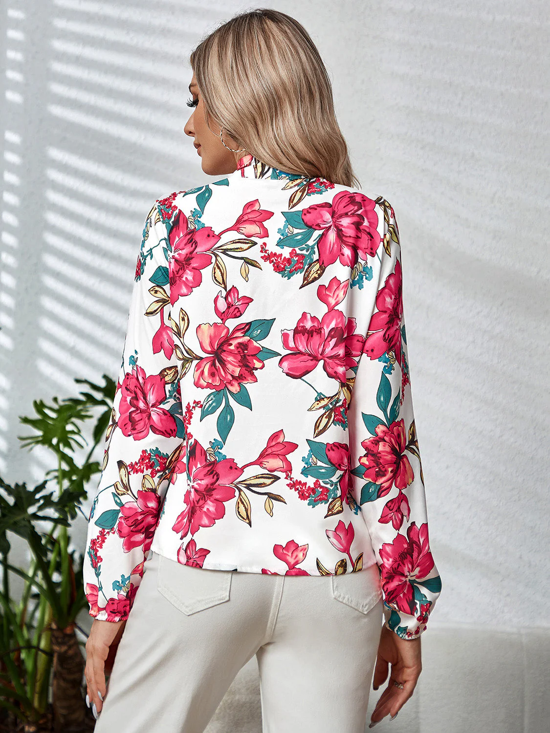 Printed Tie Neck Long Sleeve Blouse - Image 2