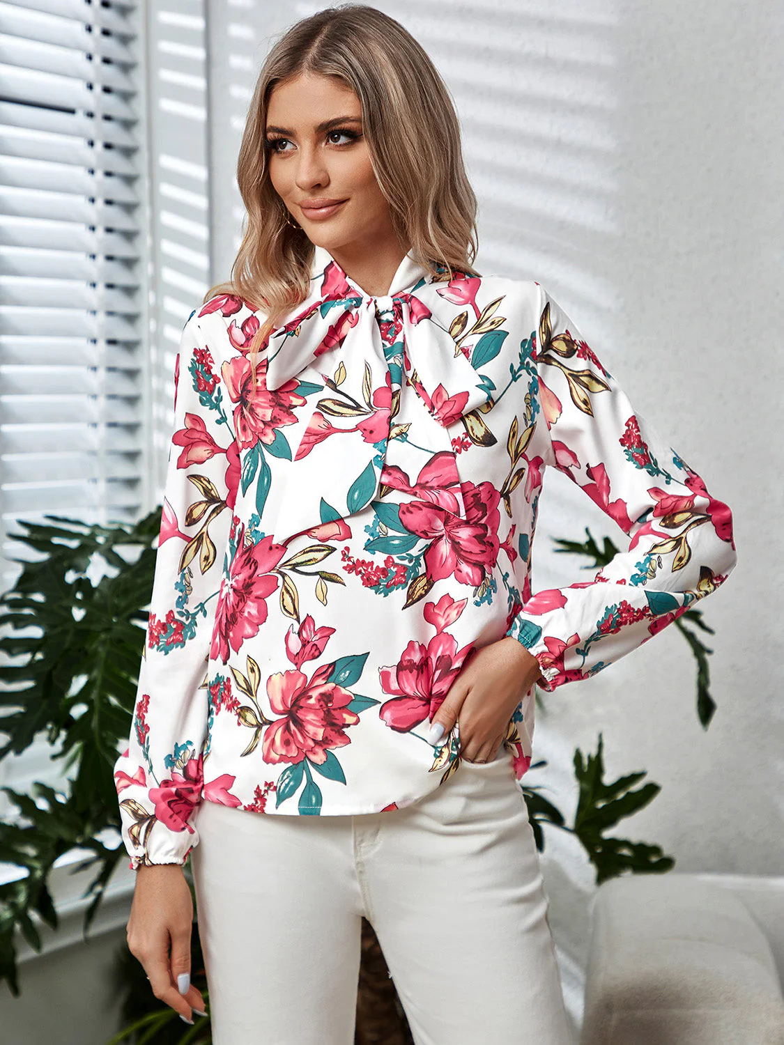 Printed Tie Neck Long Sleeve Blouse - Image 3