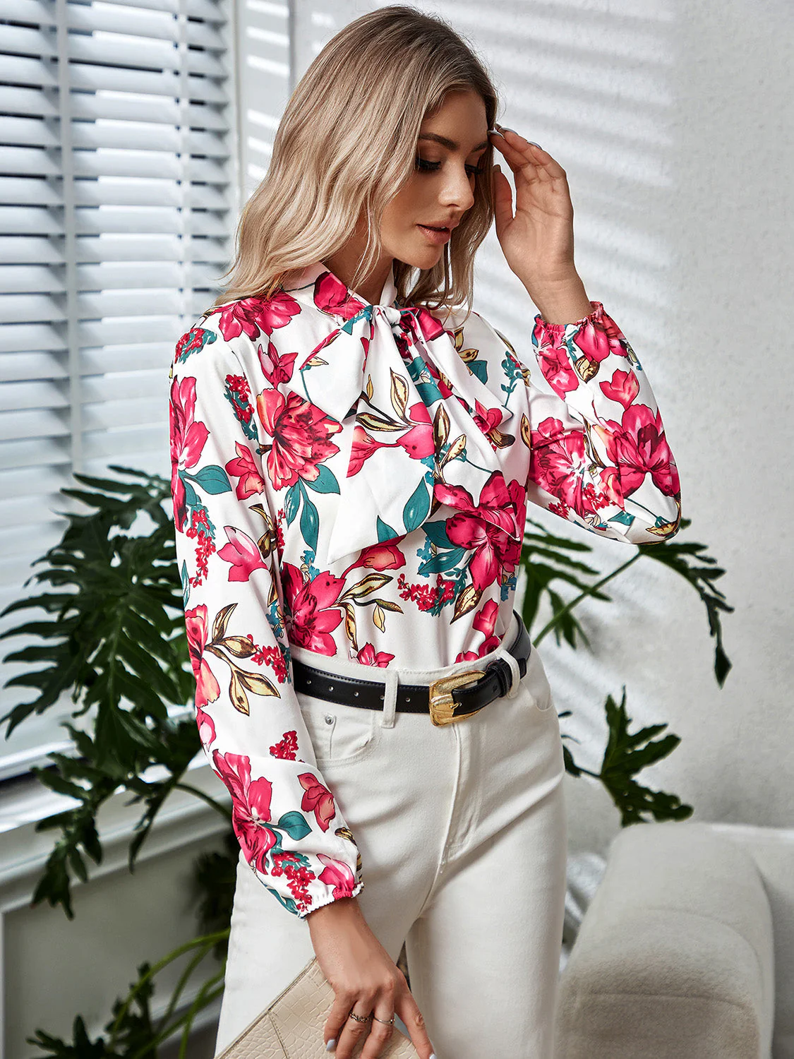 Printed Tie Neck Long Sleeve Blouse - Image 5