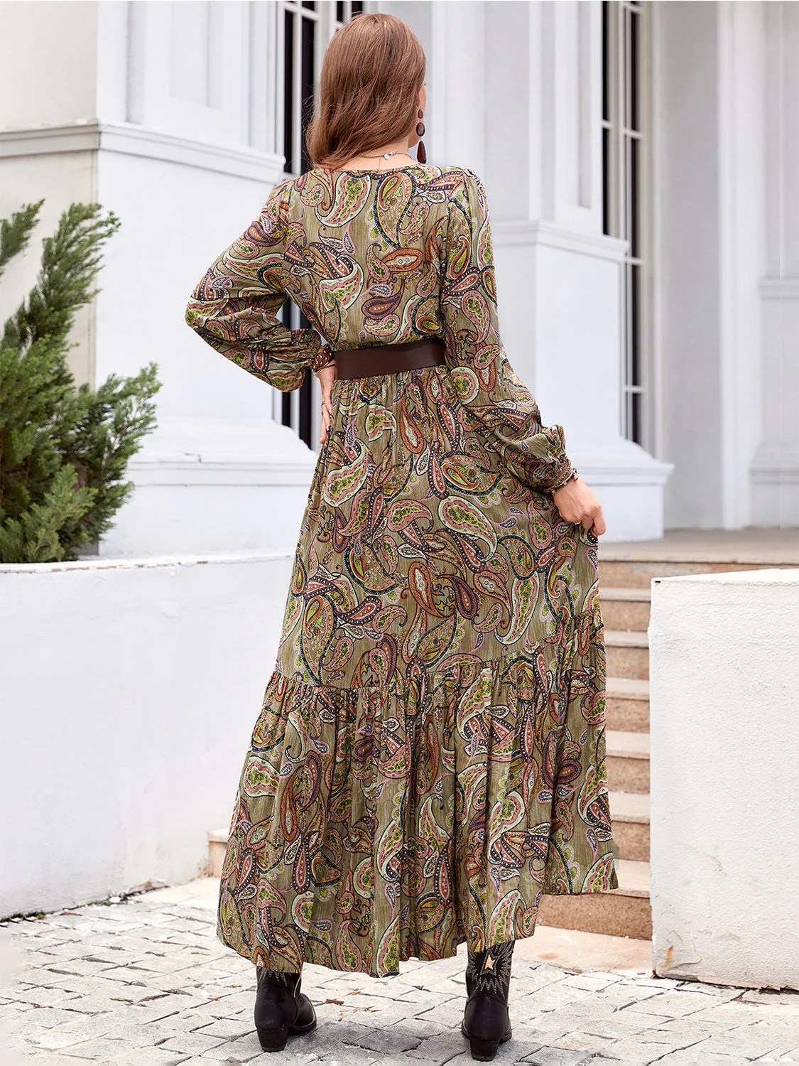 Printed Tie Neck Ruffle Hem Long Sleeve Dress - Image 2