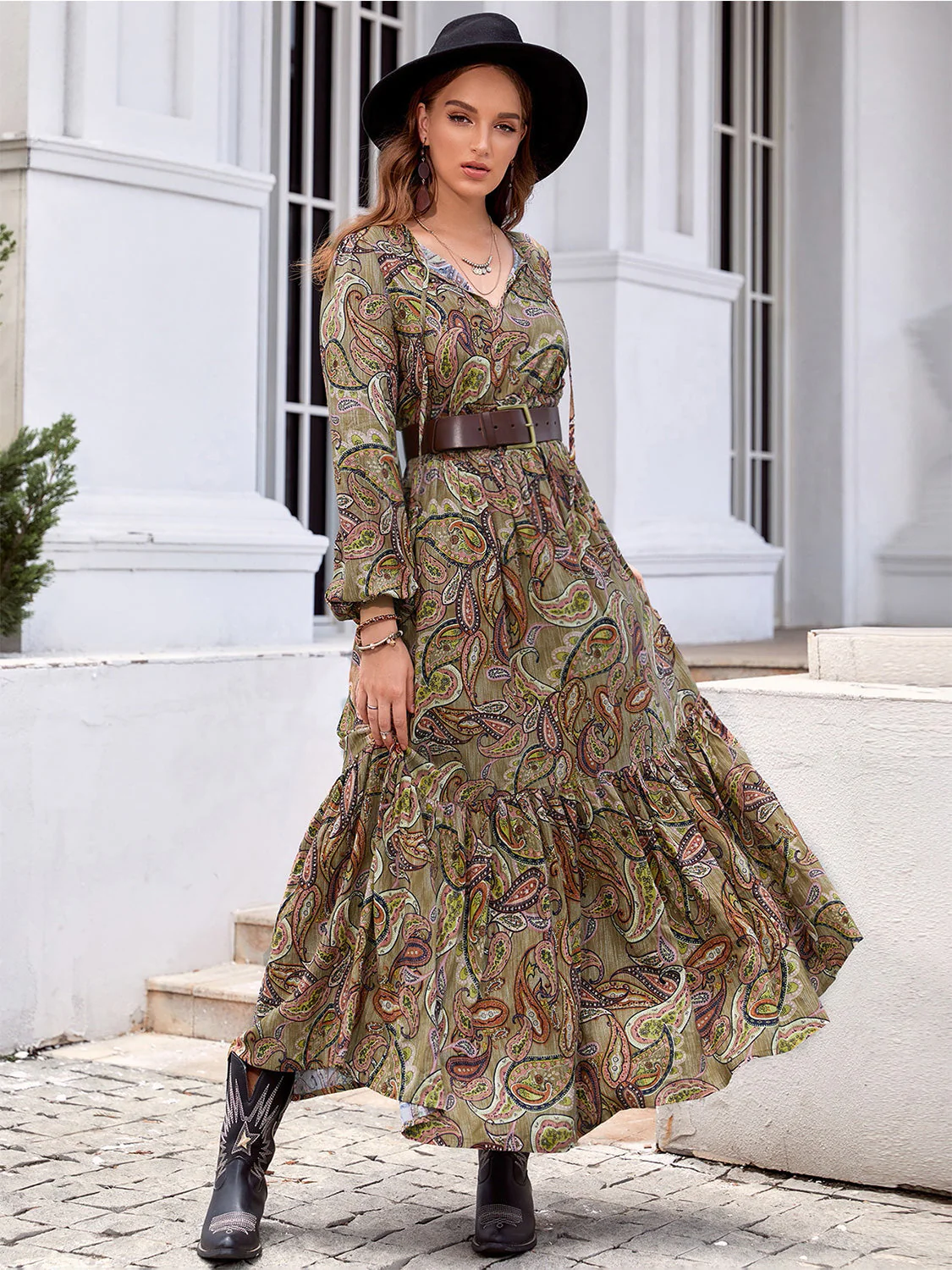 Printed Tie Neck Ruffle Hem Long Sleeve Dress - Image 3