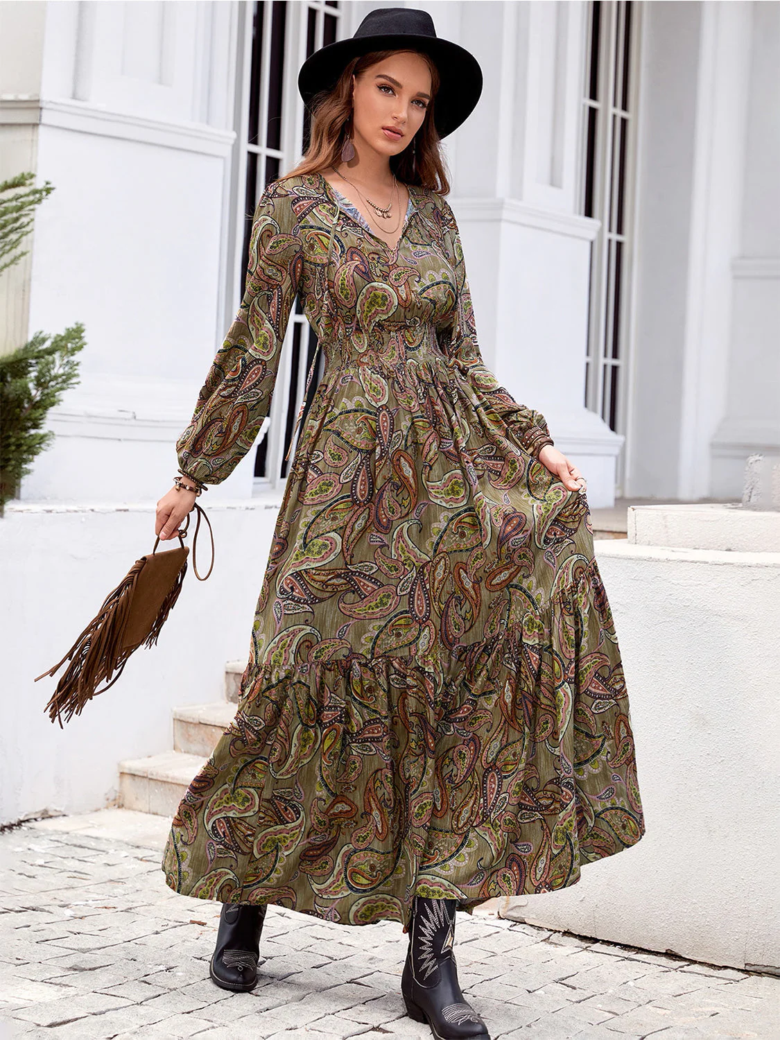 Printed Tie Neck Ruffle Hem Long Sleeve Dress - Image 4