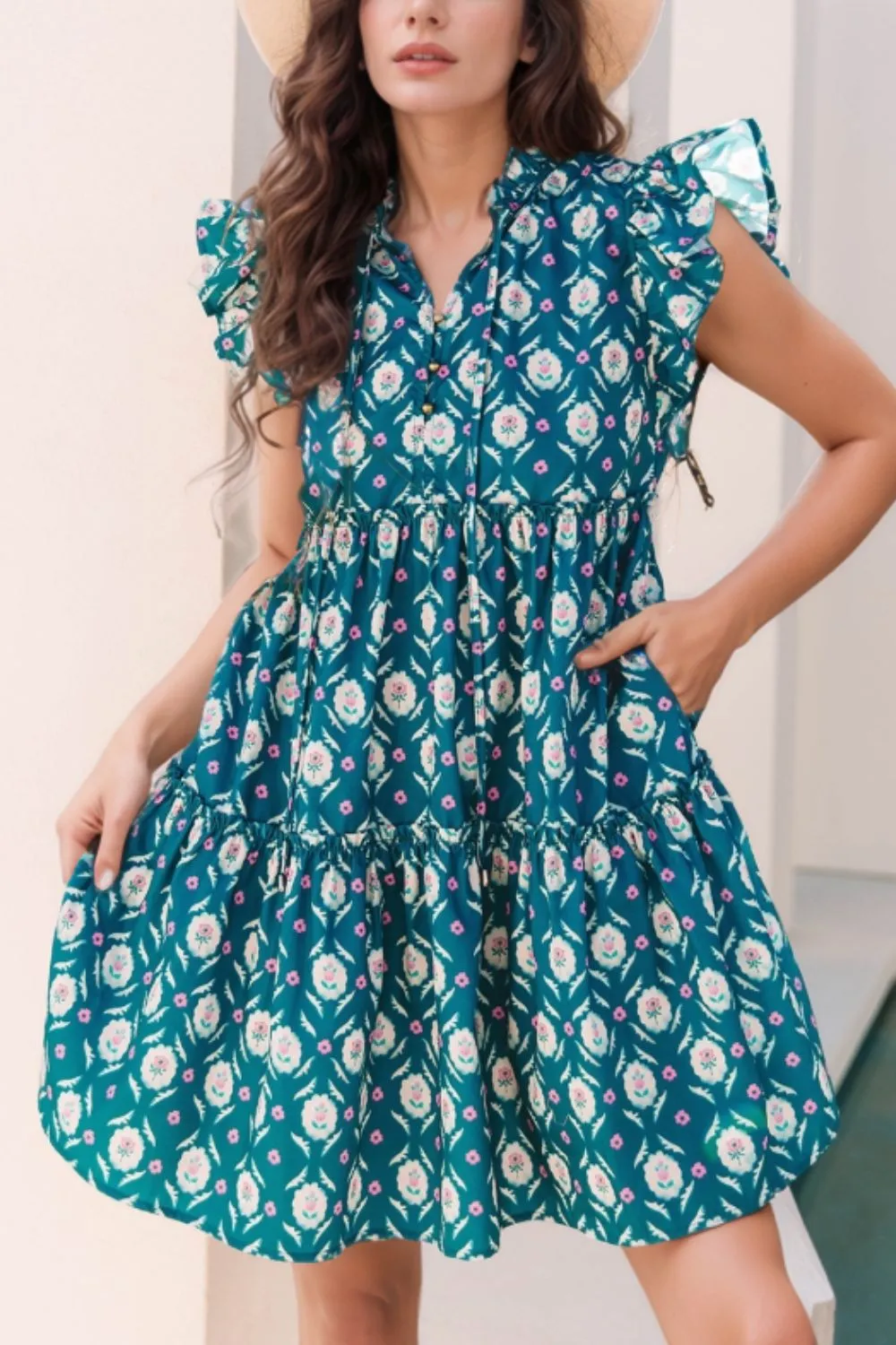 Printed Tie Neck Ruffled Cap Sleeve Dress - Image 2
