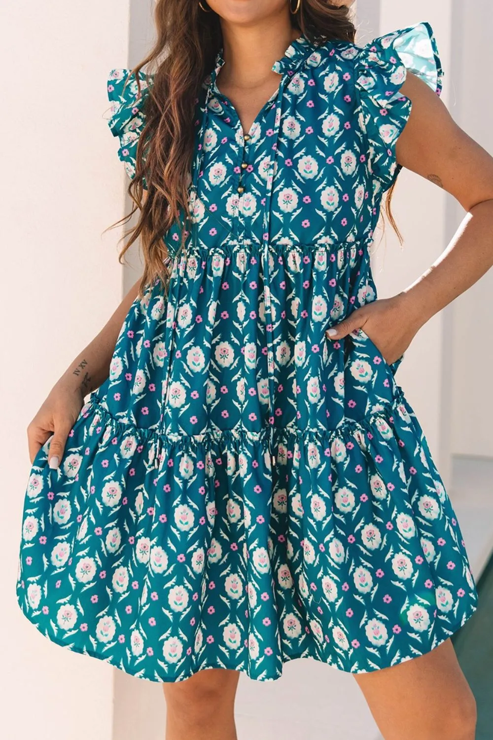 Printed Tie Neck Ruffled Cap Sleeve Dress - Image 4