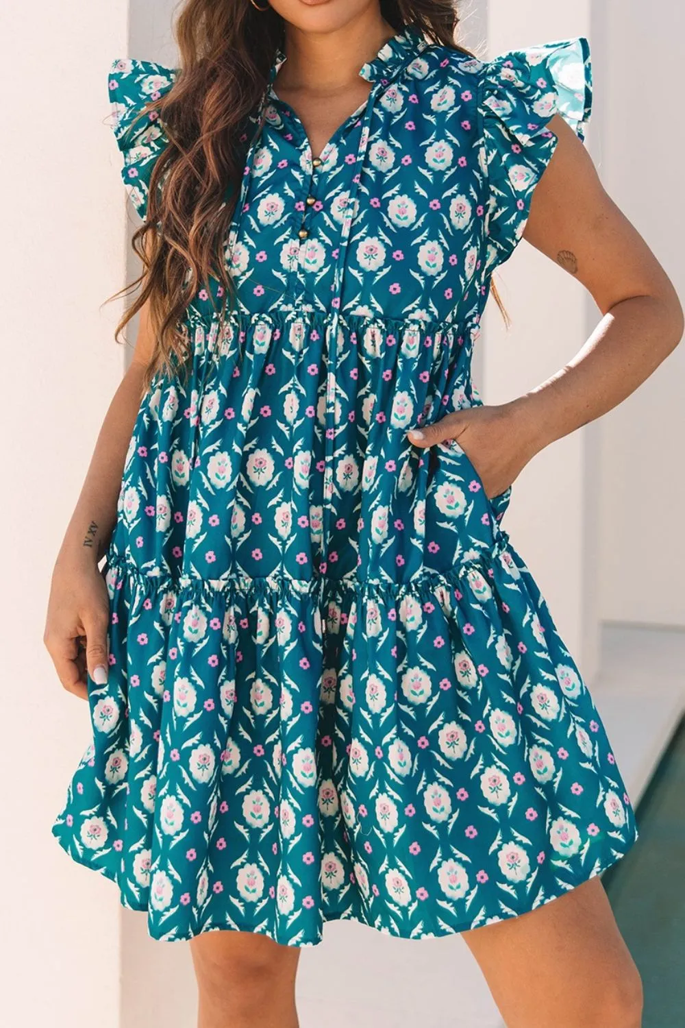 Printed Tie Neck Ruffled Cap Sleeve Dress - Image 6