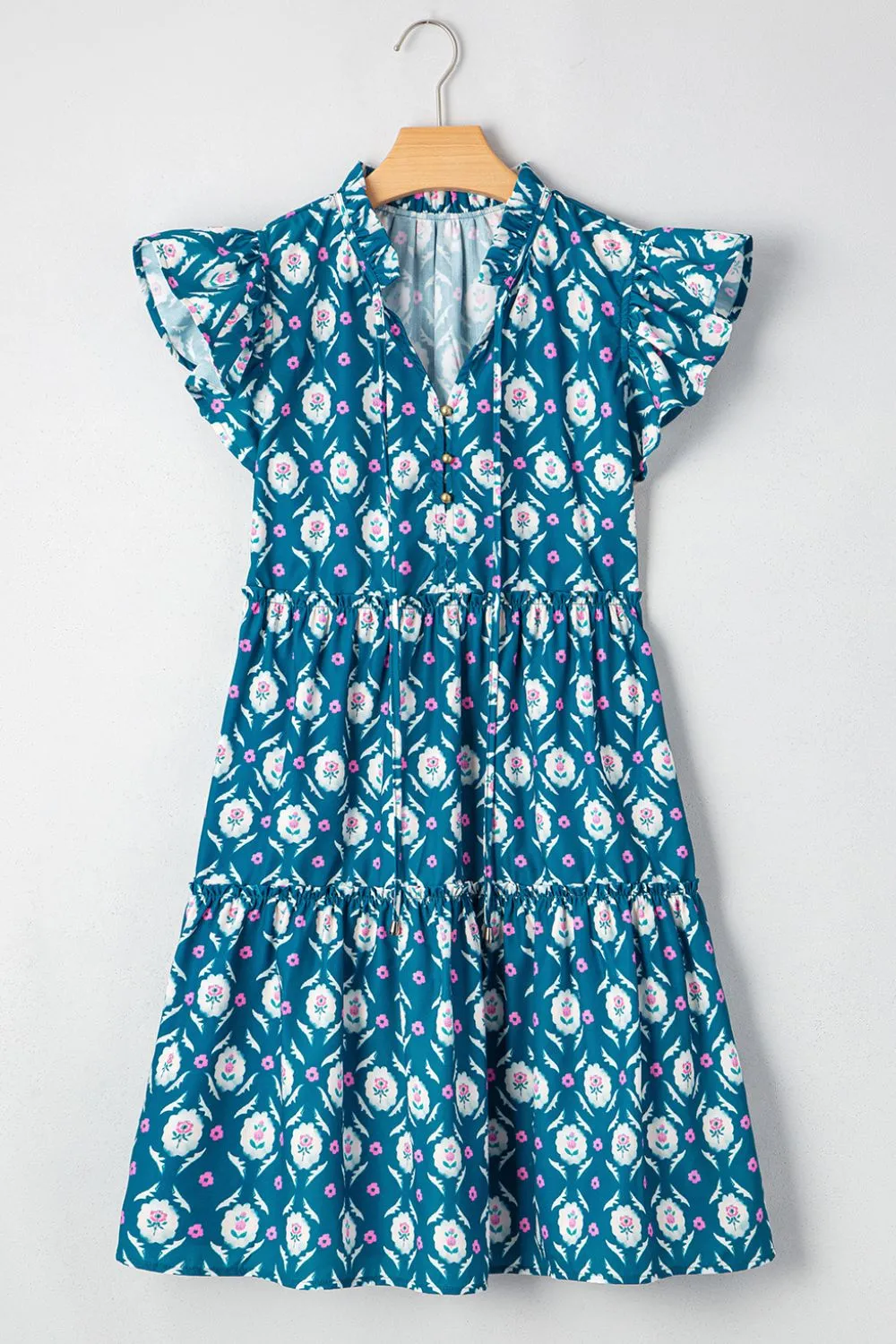 Printed Tie Neck Ruffled Cap Sleeve Dress - Image 7