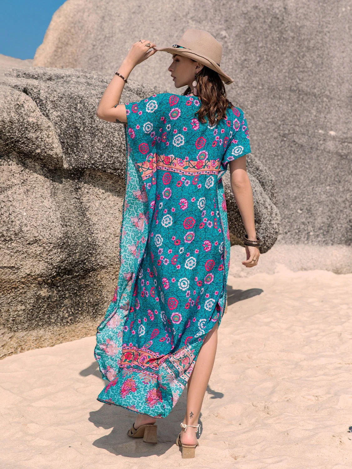 Printed Tie Neck Short Sleeve Dress - Image 10