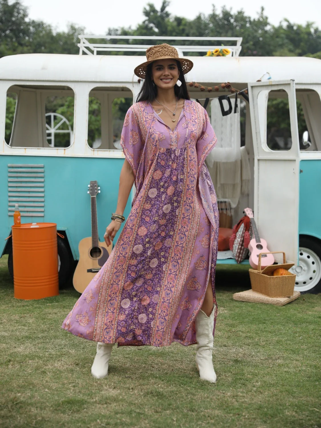 Printed Tie Neck Short Sleeve Dress - Image 2