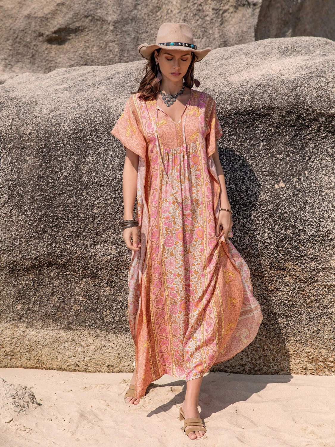 Printed Tie Neck Short Sleeve Dress - Image 6