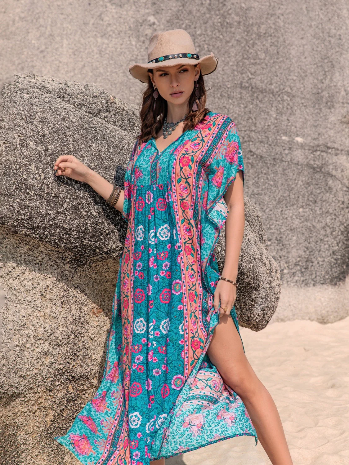 Printed Tie Neck Short Sleeve Dress - Image 8