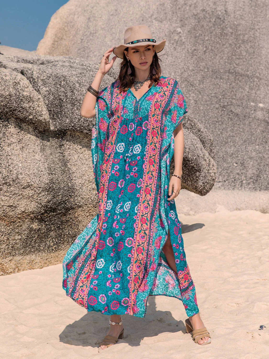 Printed Tie Neck Short Sleeve Dress - Image 9
