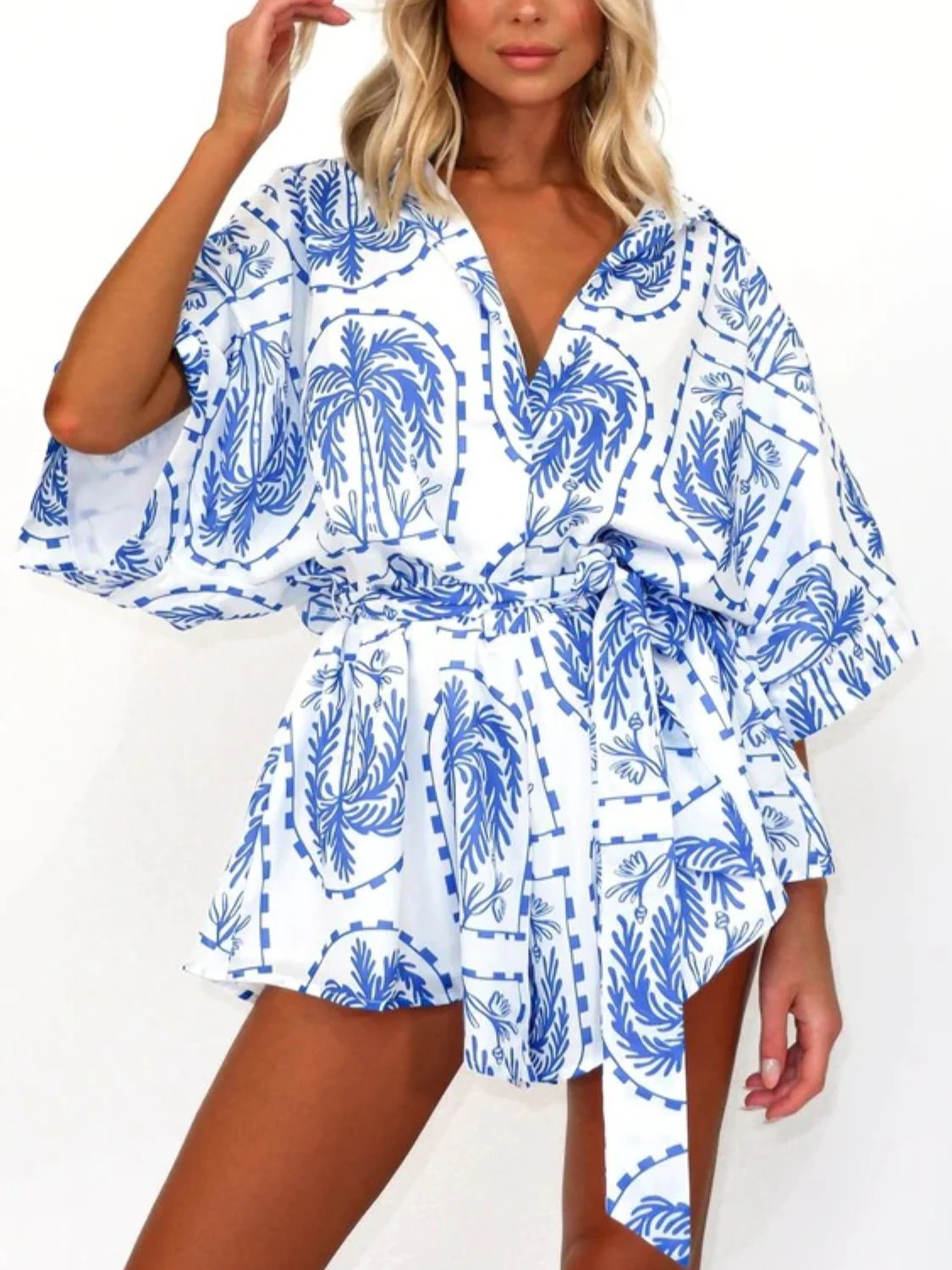 Printed Tie Waist Half Sleeve Romper - Image 10