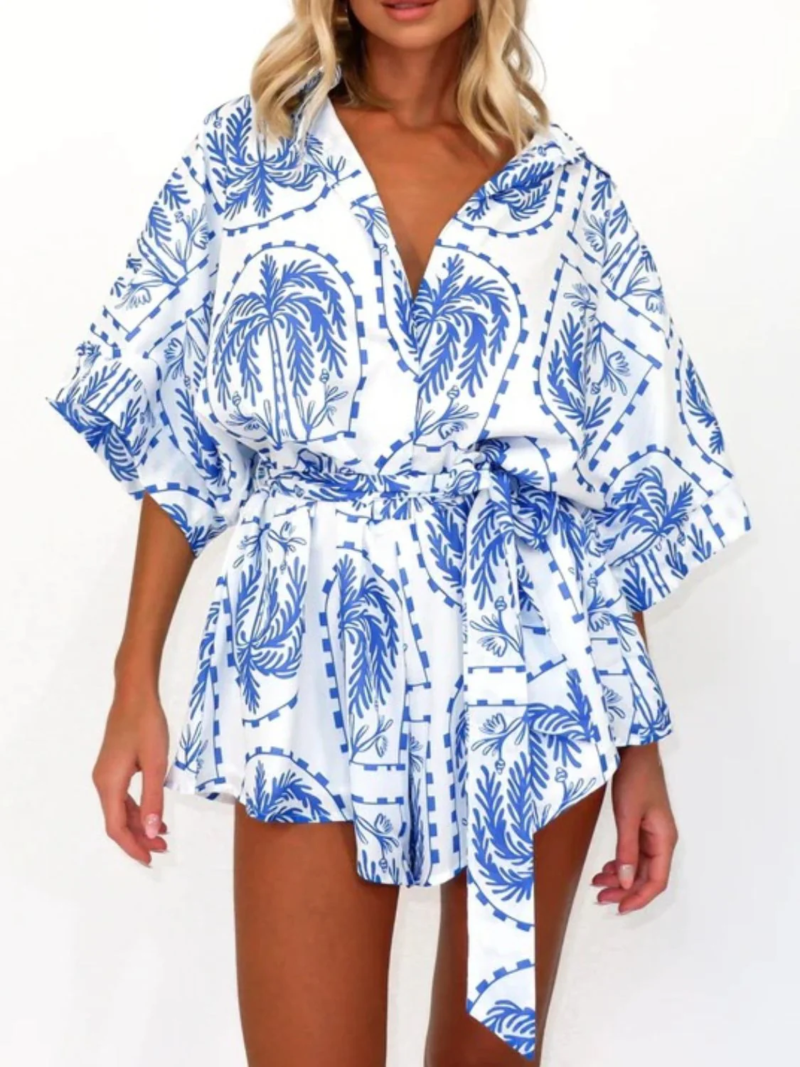 Printed Tie Waist Half Sleeve Romper - Image 11