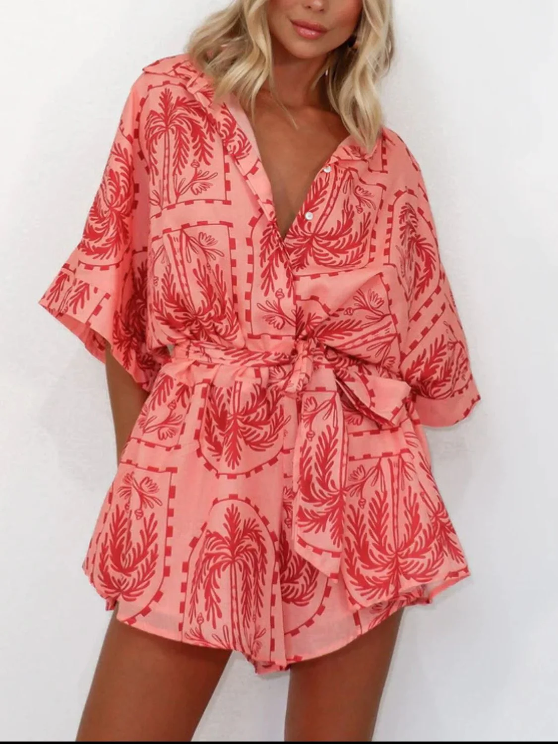 Printed Tie Waist Half Sleeve Romper - Image 14
