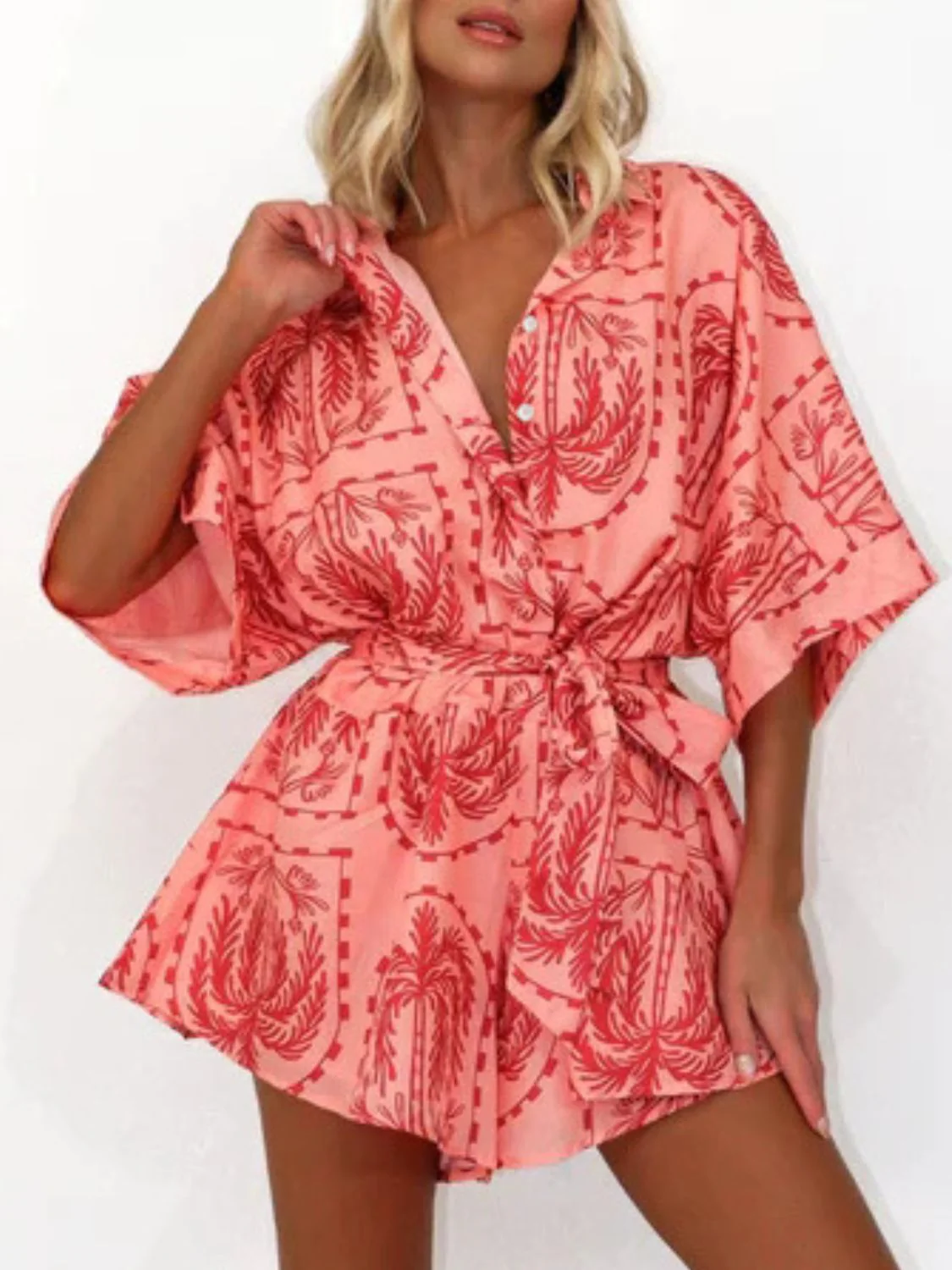Printed Tie Waist Half Sleeve Romper - Image 15