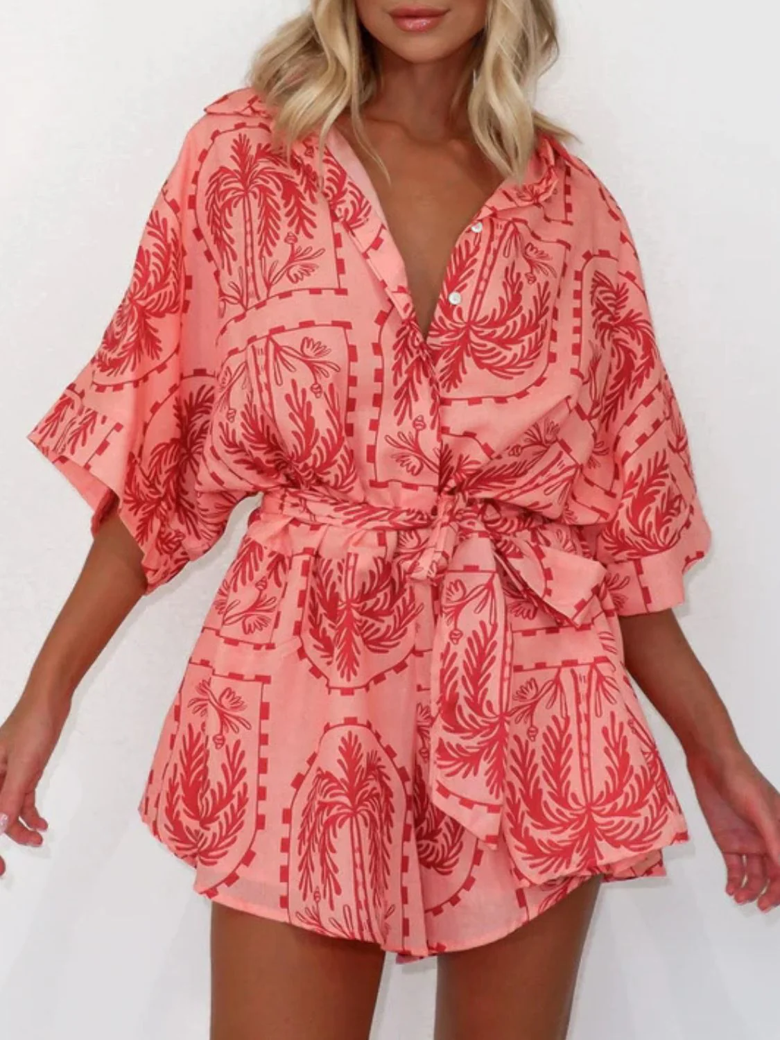 Printed Tie Waist Half Sleeve Romper - Image 16