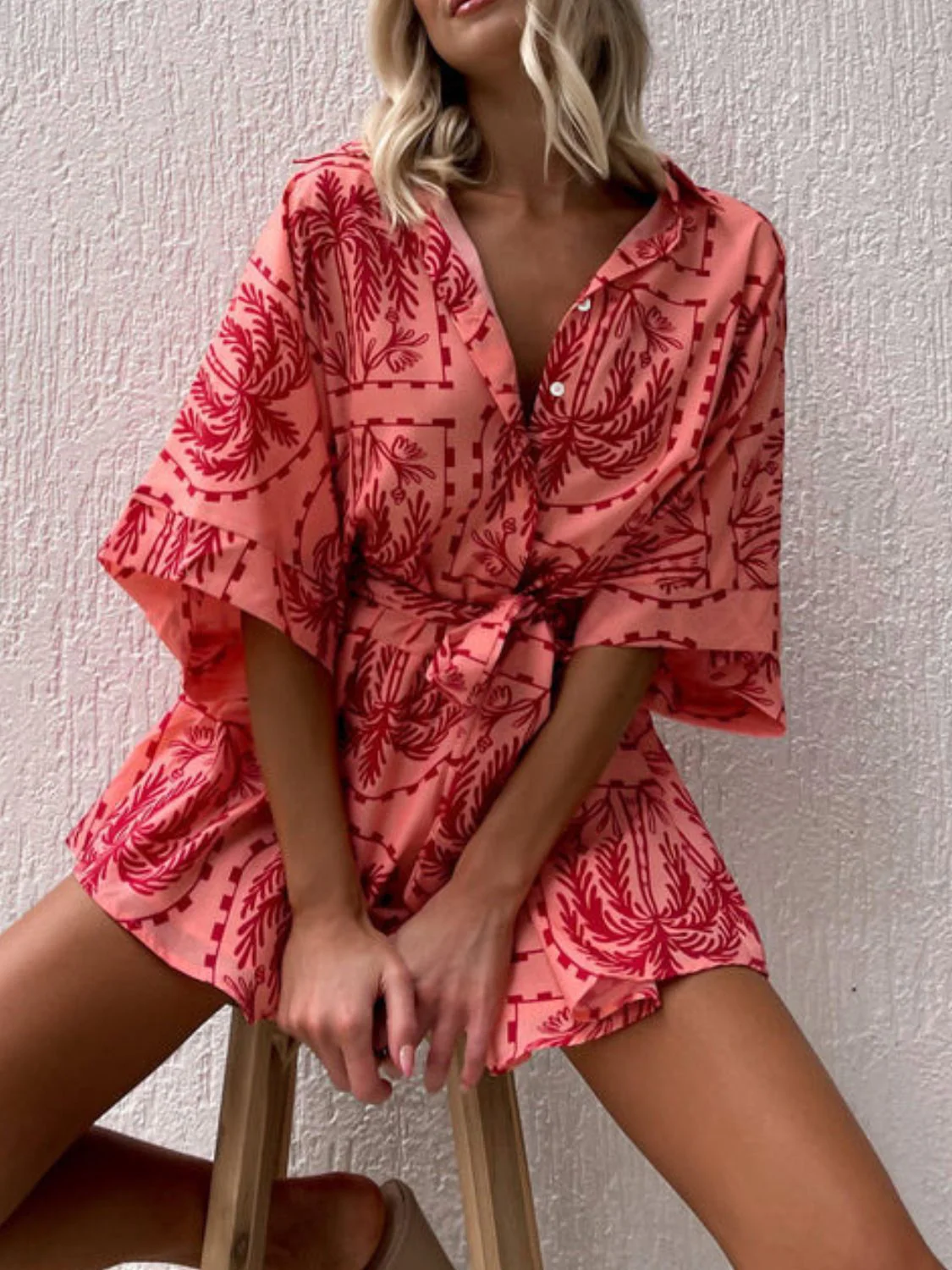 Printed Tie Waist Half Sleeve Romper - Image 17