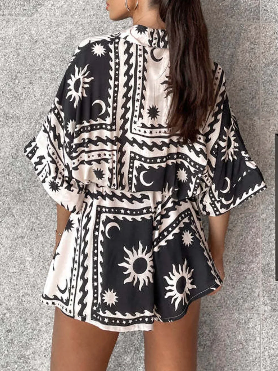 Printed Tie Waist Half Sleeve Romper - Image 2
