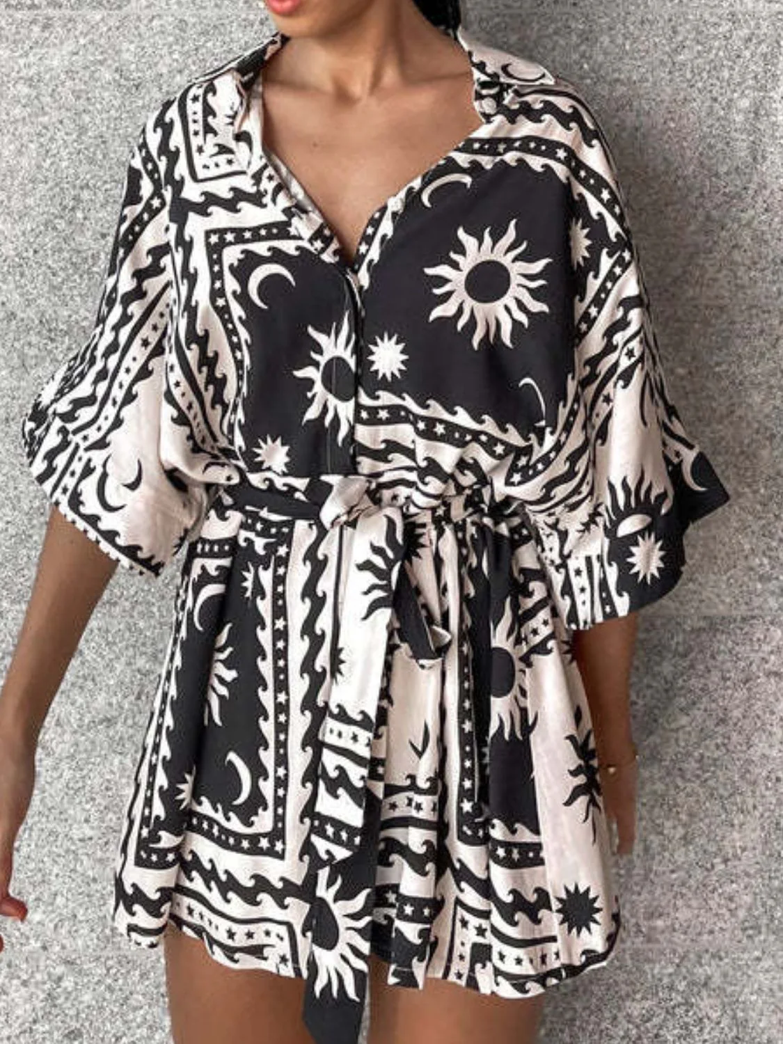 Printed Tie Waist Half Sleeve Romper - Image 3