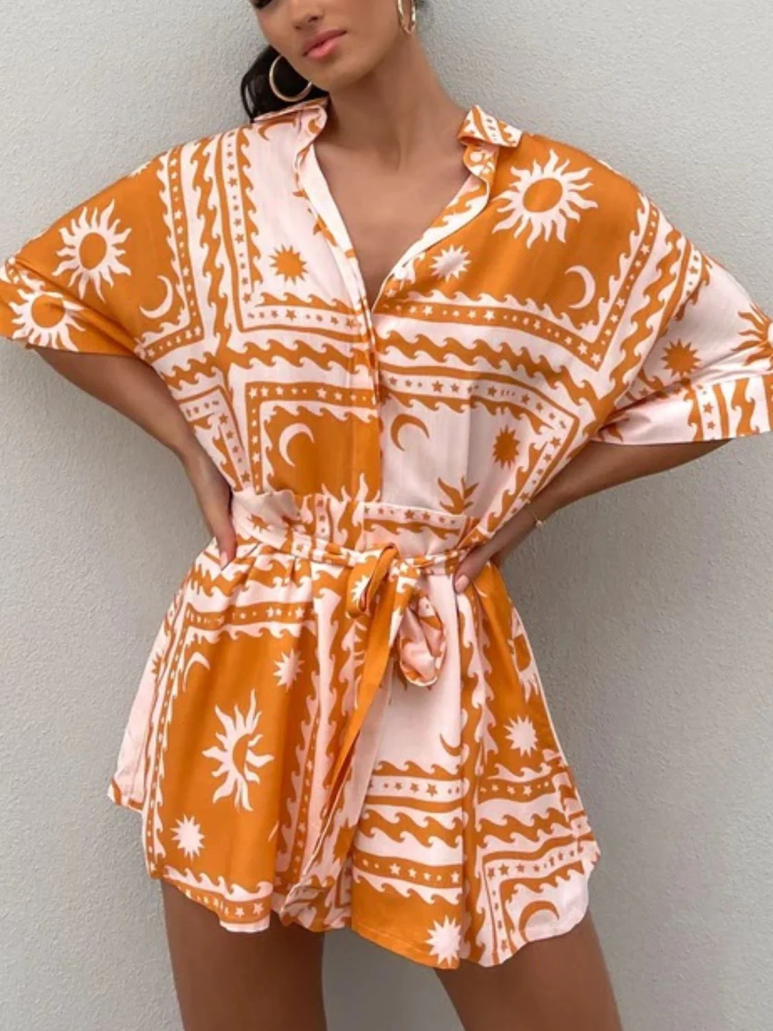 Printed Tie Waist Half Sleeve Romper - Image 5