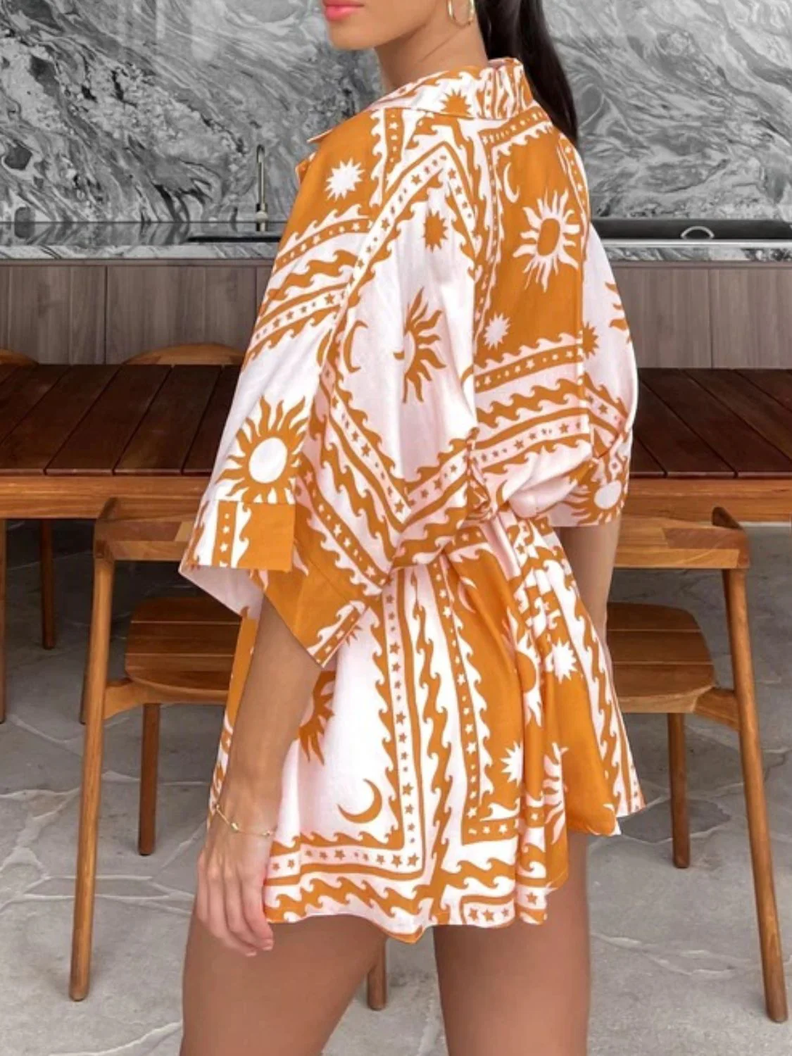 Printed Tie Waist Half Sleeve Romper - Image 6
