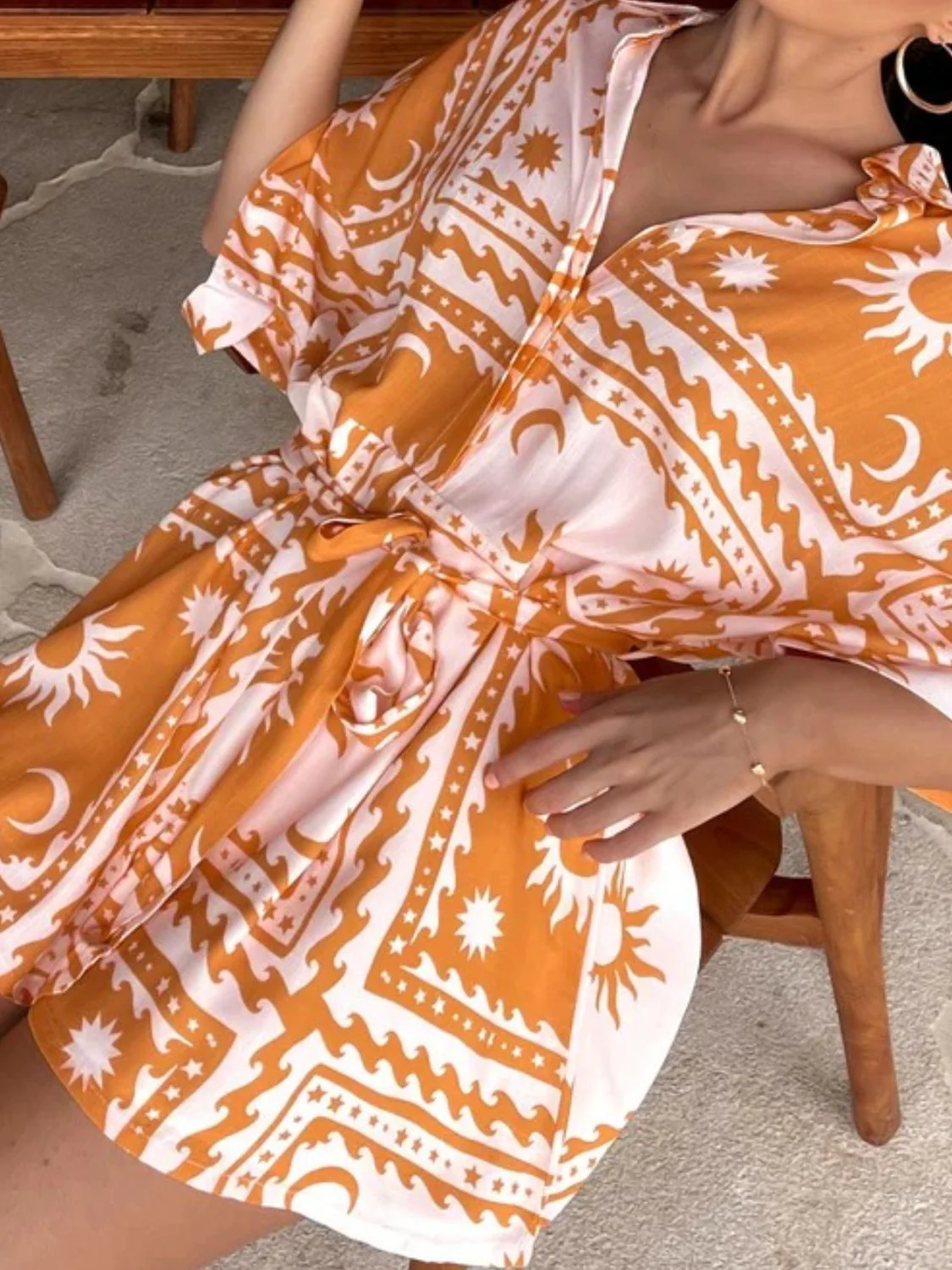 Printed Tie Waist Half Sleeve Romper - Image 7
