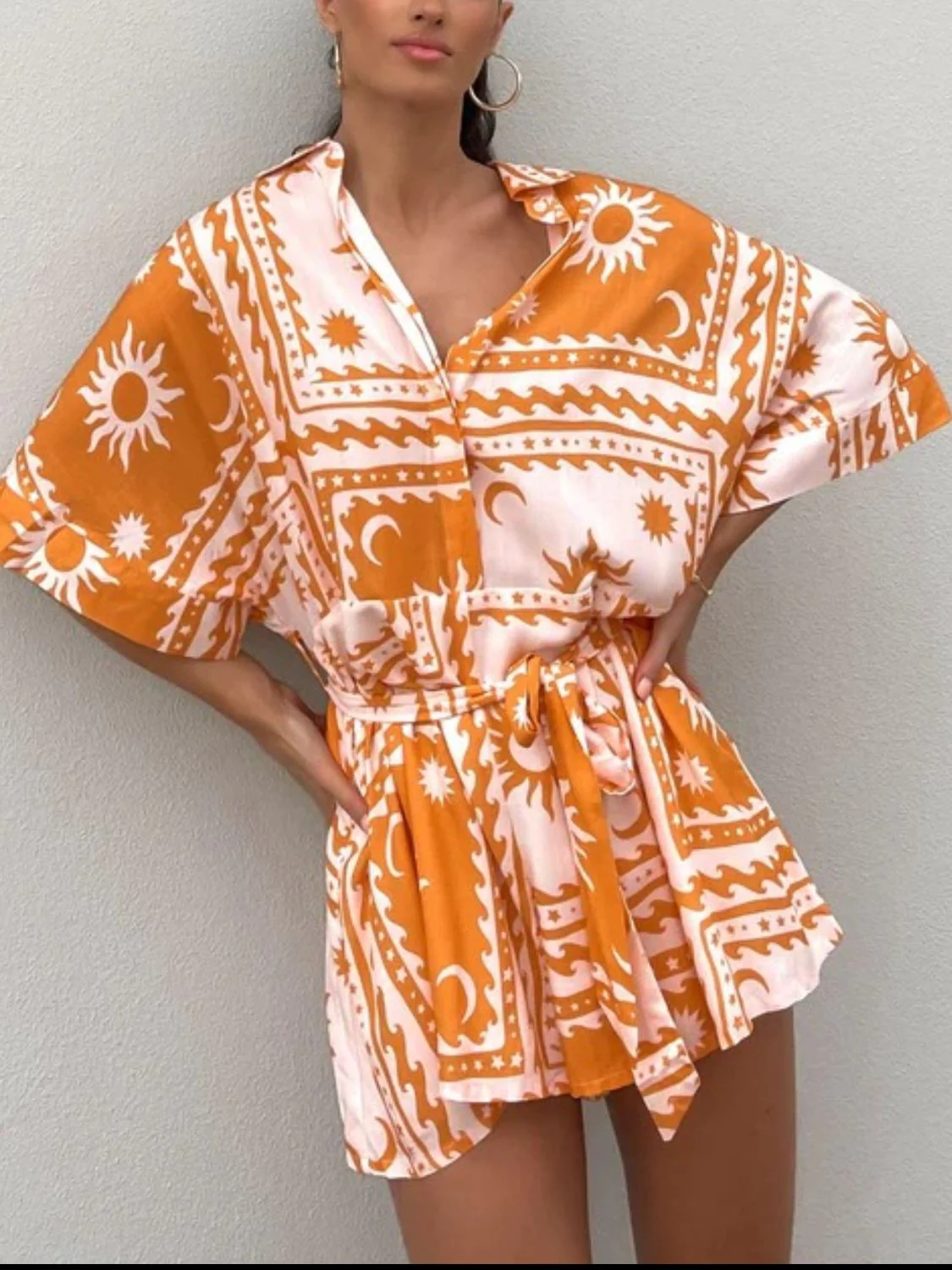 Printed Tie Waist Half Sleeve Romper - Image 8