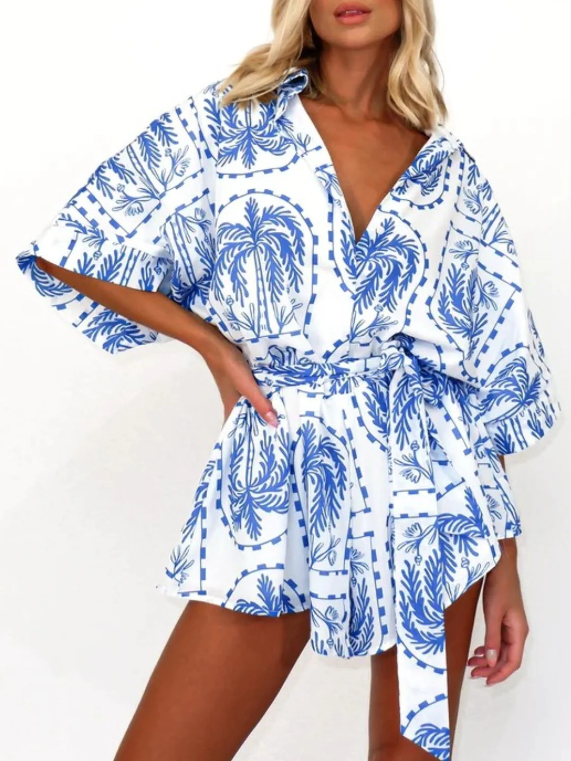 Printed Tie Waist Half Sleeve Romper - Image 9