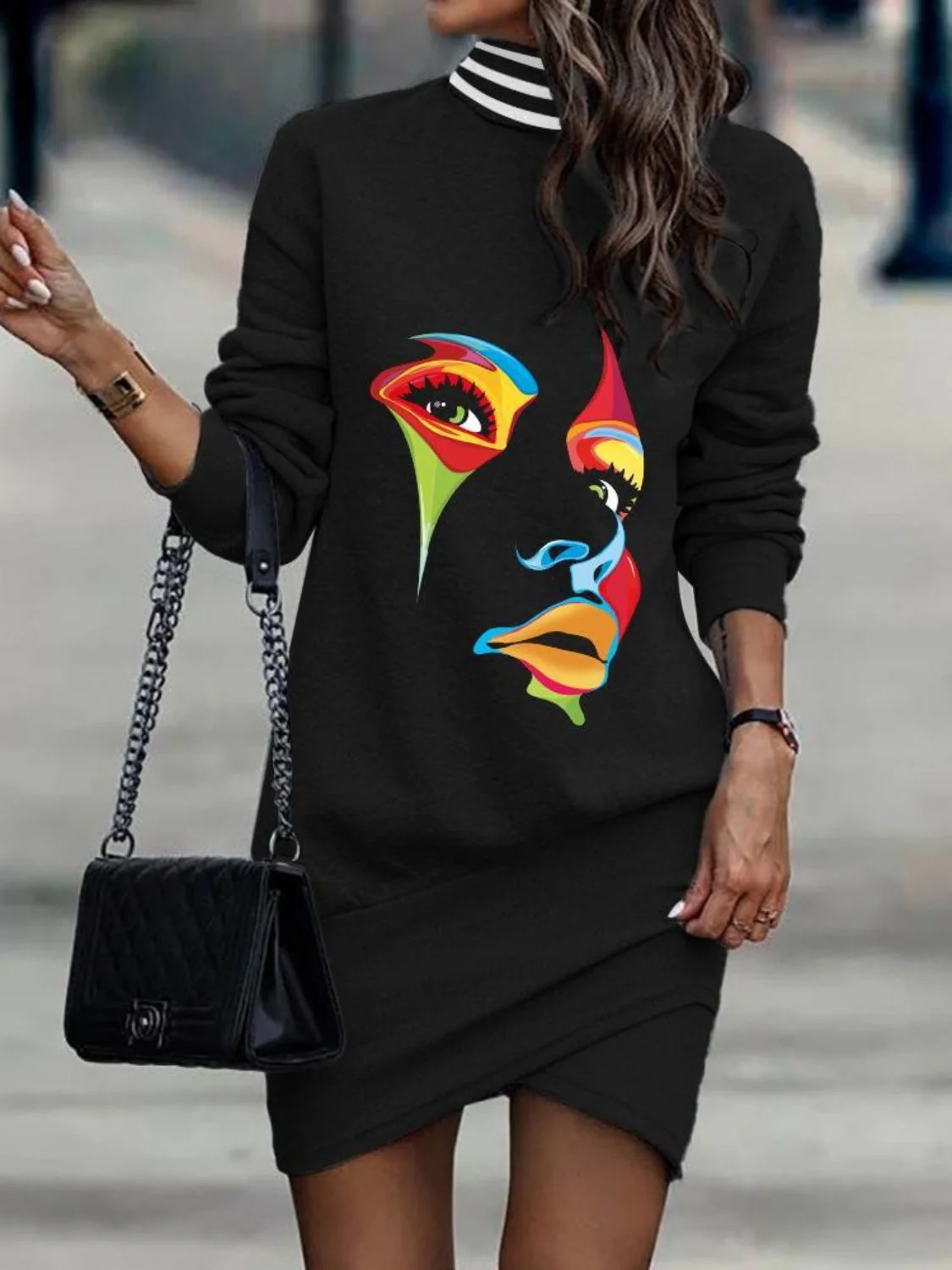 Printed Turtleneck Long Sleeve Mini Dress - Image 4