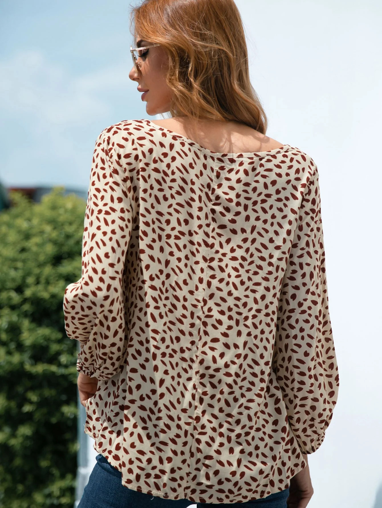 Printed V-Neck Balloon Sleeve Blouse - Image 2