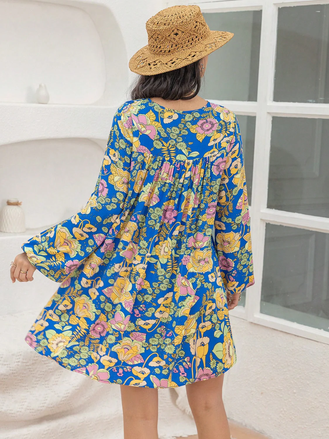 Printed V-Neck Balloon Sleeve Mini Dress - Image 2